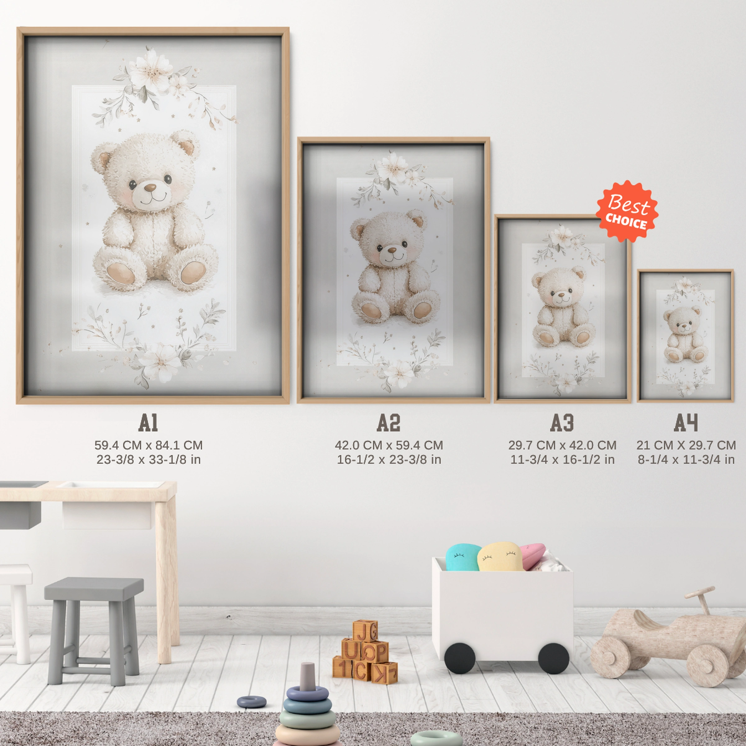 Soft Teddy Bear Nursery Print - size guide A4 A3 A2 A1 nursery print
