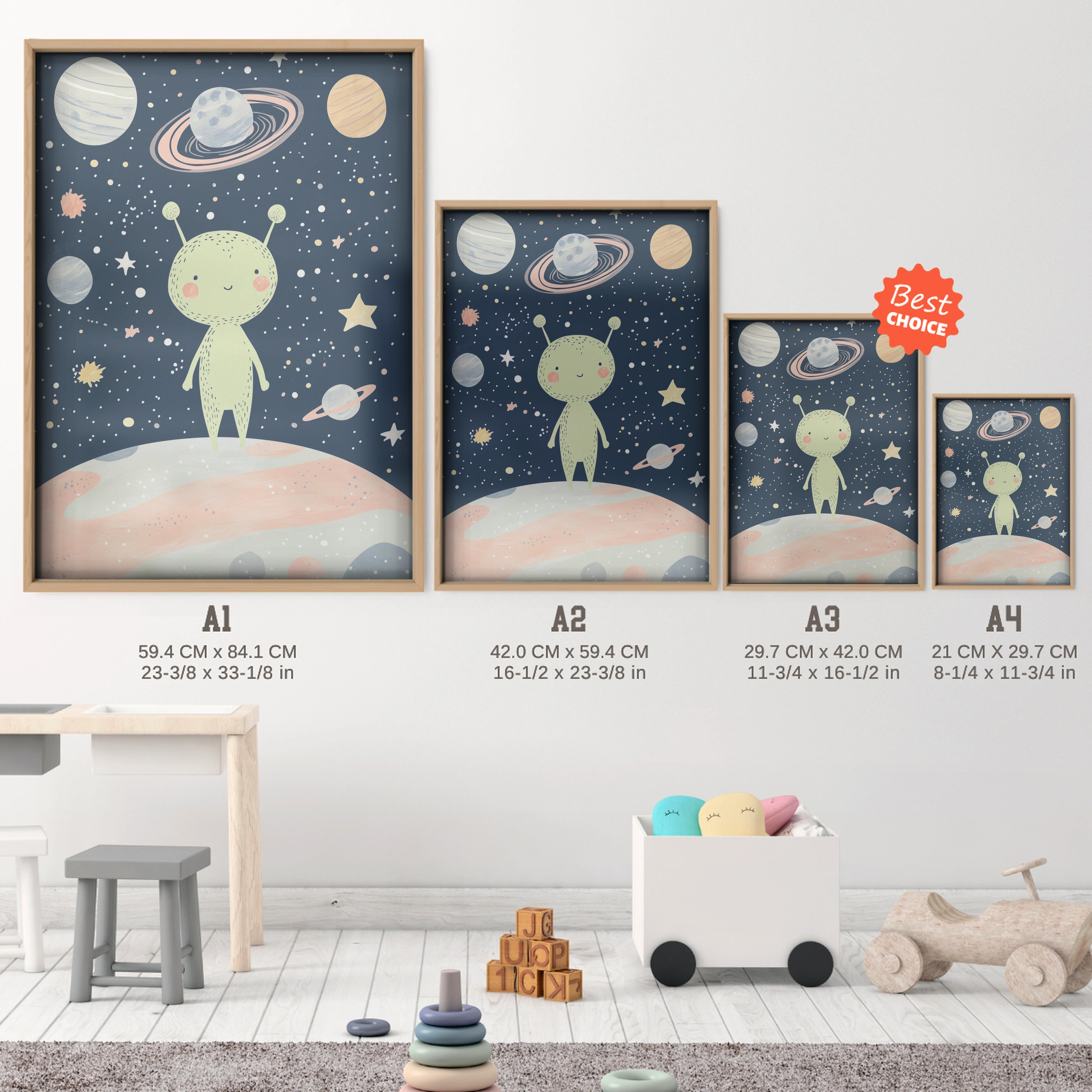 Space Alien Nursery Print - size guide A4 A3 A2 A1 nursery print