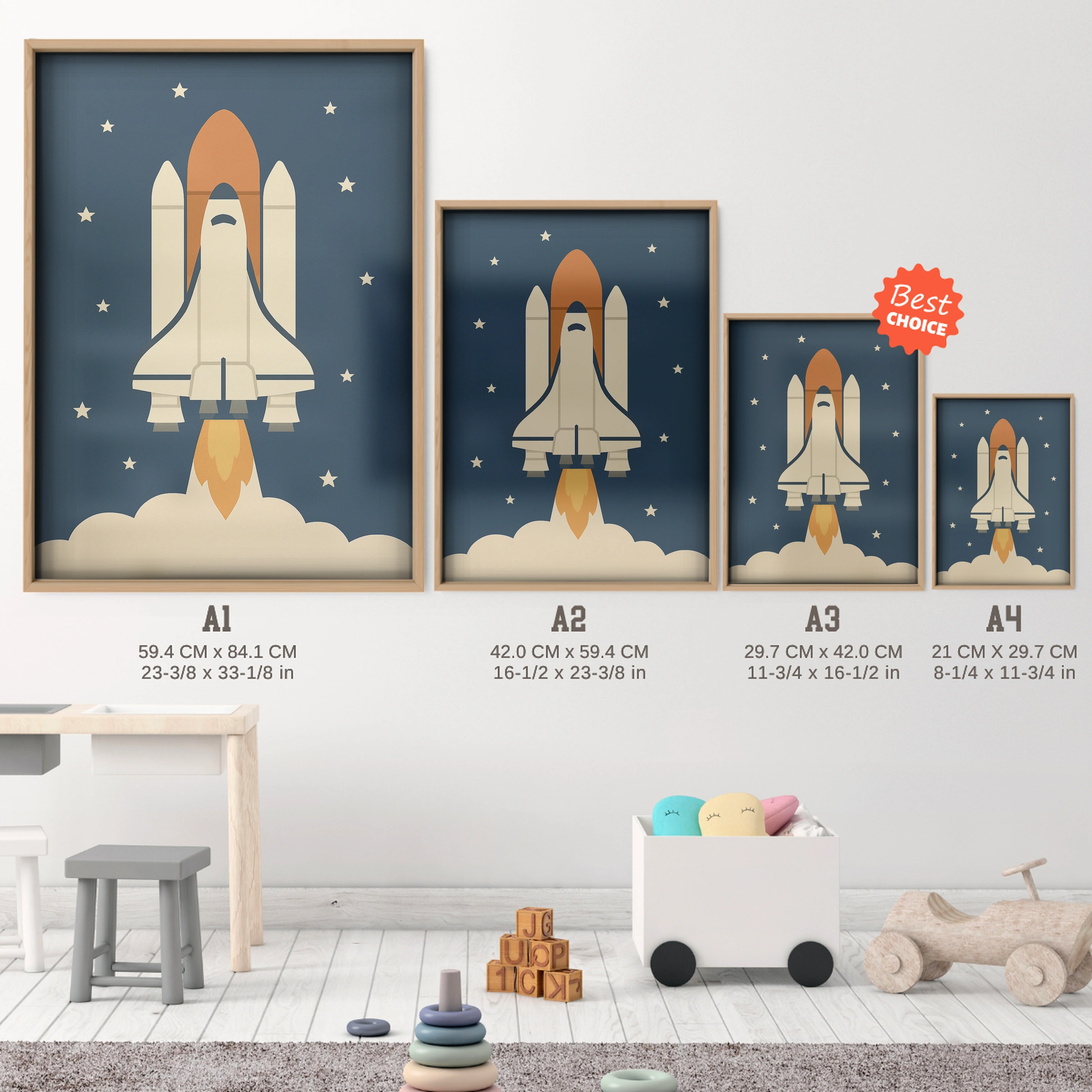 Space Shuttle Rocket Nursery Print - size guide A4 A3 A2 A1 nursery print