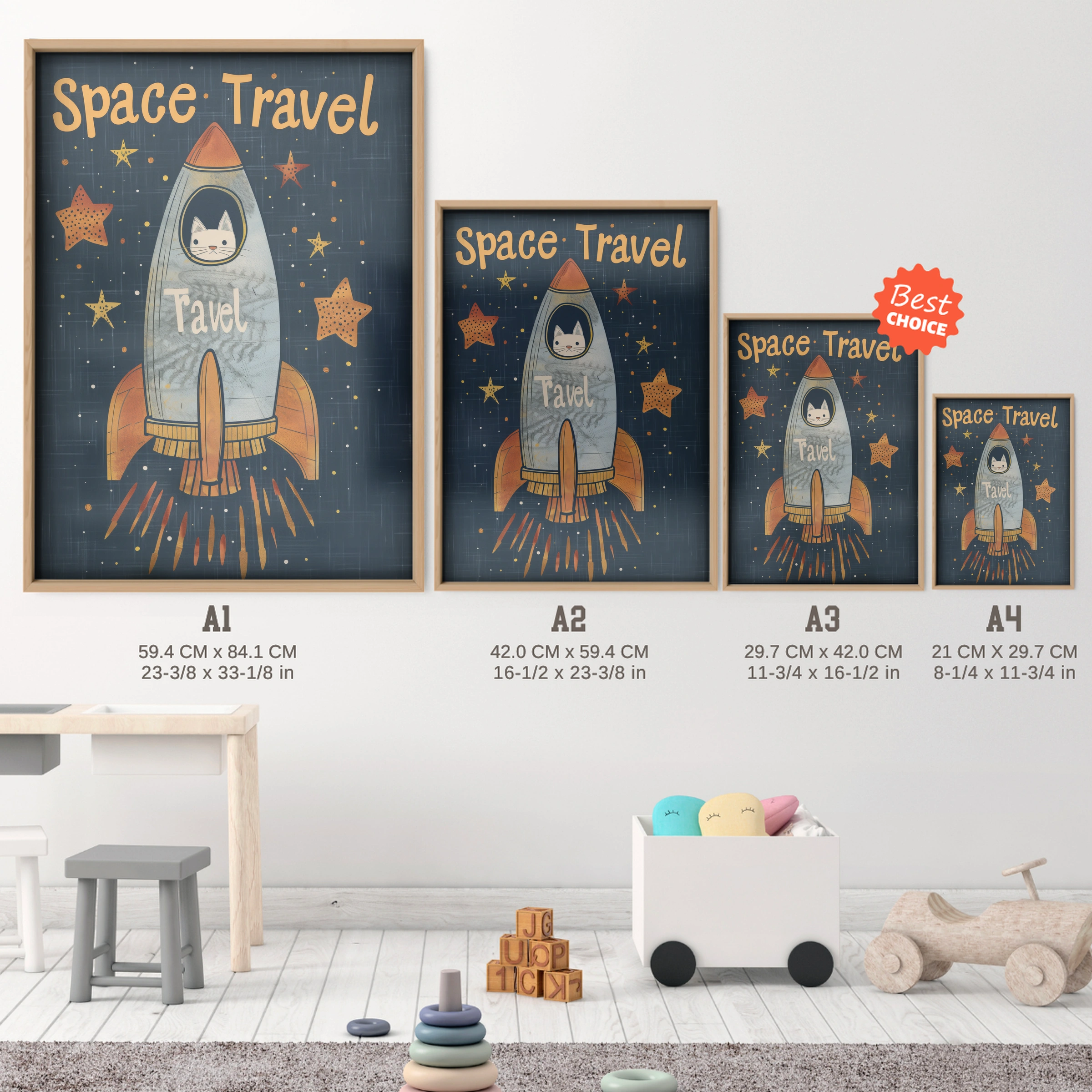 Space Travel Rocket Nursery Print - size guide A4 A3 A2 A1 nursery print