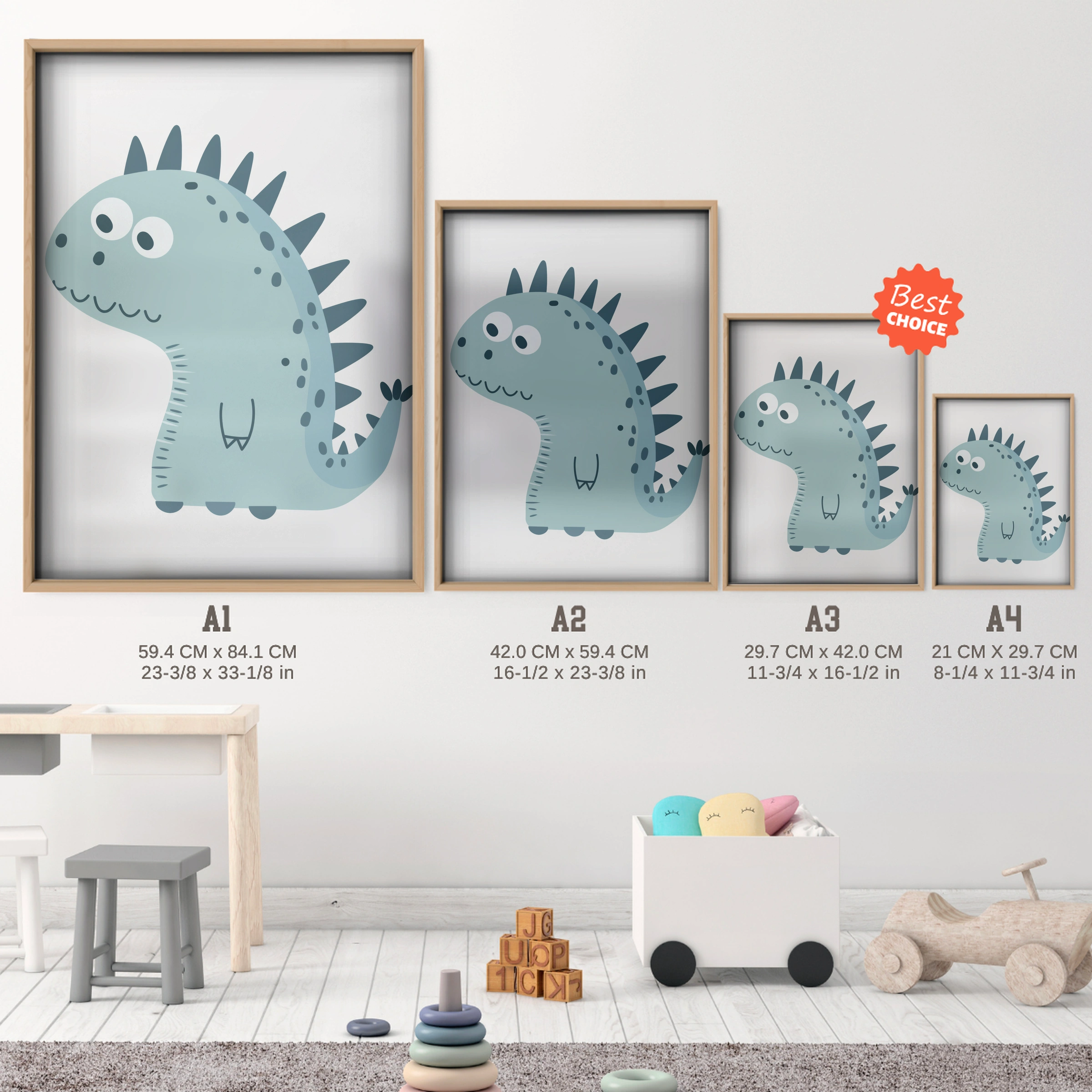 Spiky Dinosaur Nursery Print - size guide A4 A3 A2 A1 nursery print