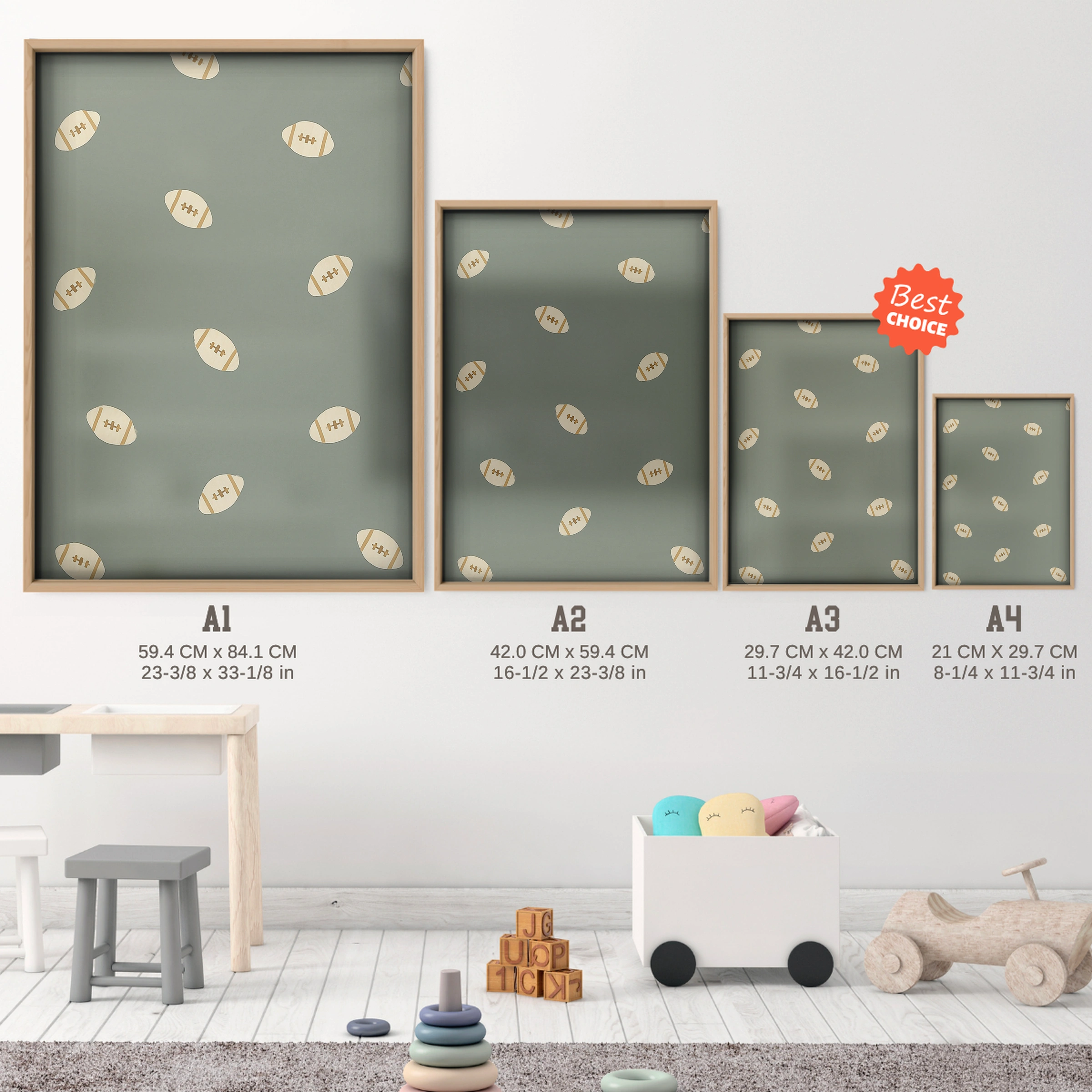 Sports Balls Pattern Nursery Print - size guide A4 A3 A2 A1 nursery print