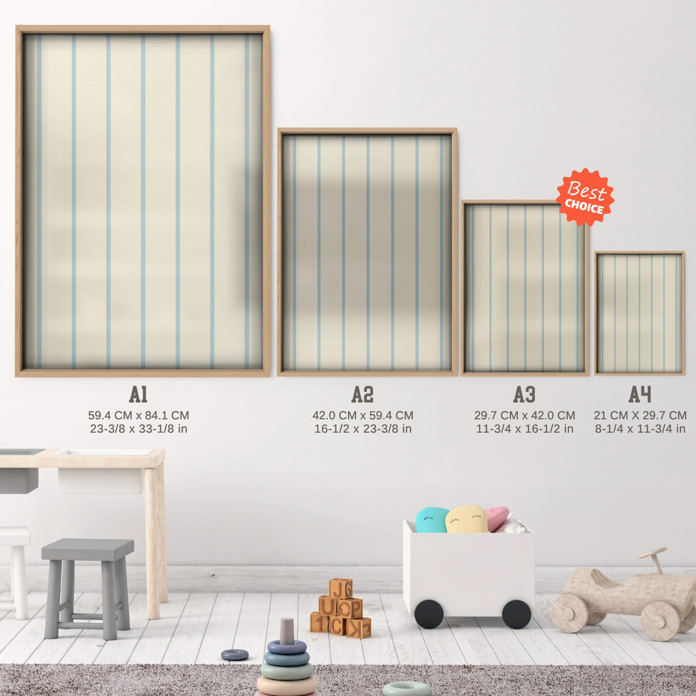 Sporty Stripes Nursery Print - size guide A4 A3 A2 A1 nursery print