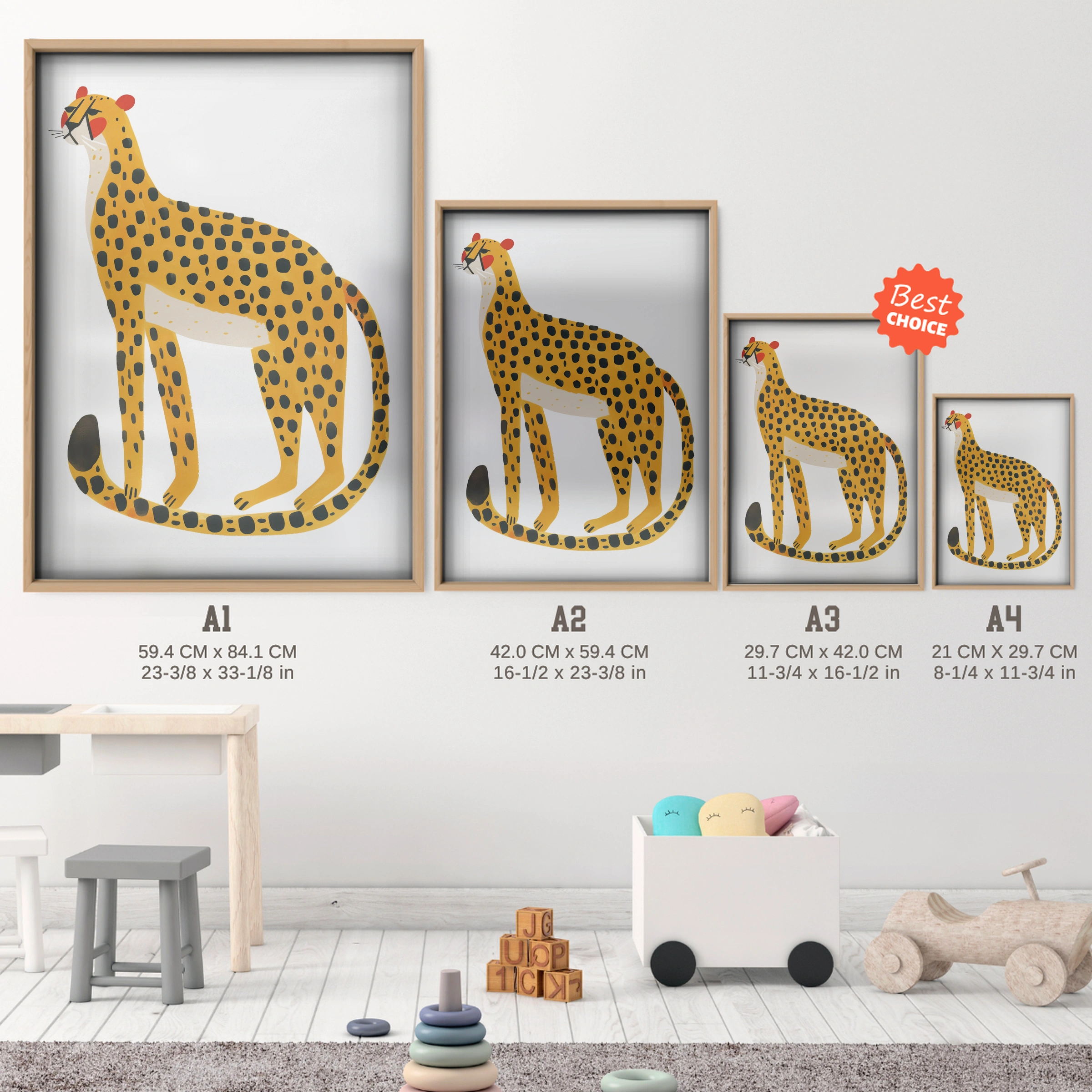 Spotted Cheetah Nursery Print - size guide A4 A3 A2 A1 nursery print