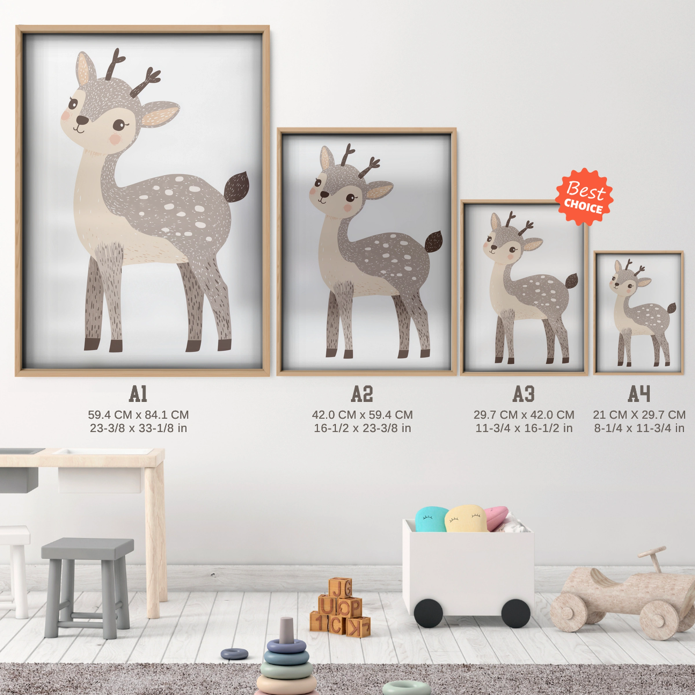 Spotted Fawn Christmas Print - size guide A4 A3 A2 A1 nursery print