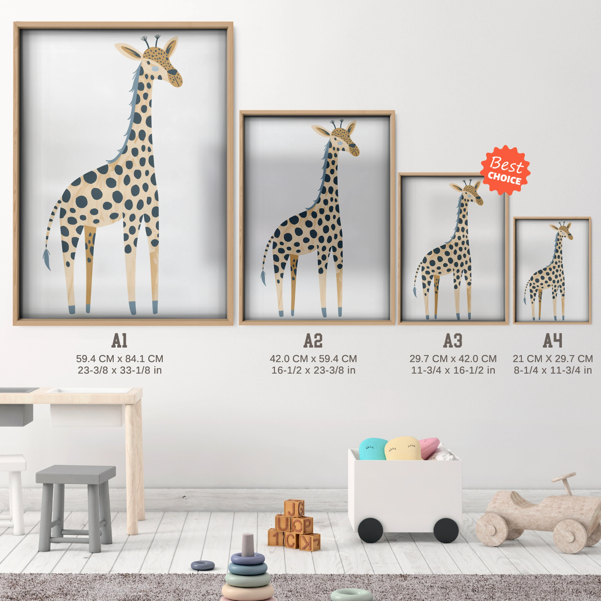 Spotted Giraffe Nursery Print - size guide A4 A3 A2 A1 nursery print