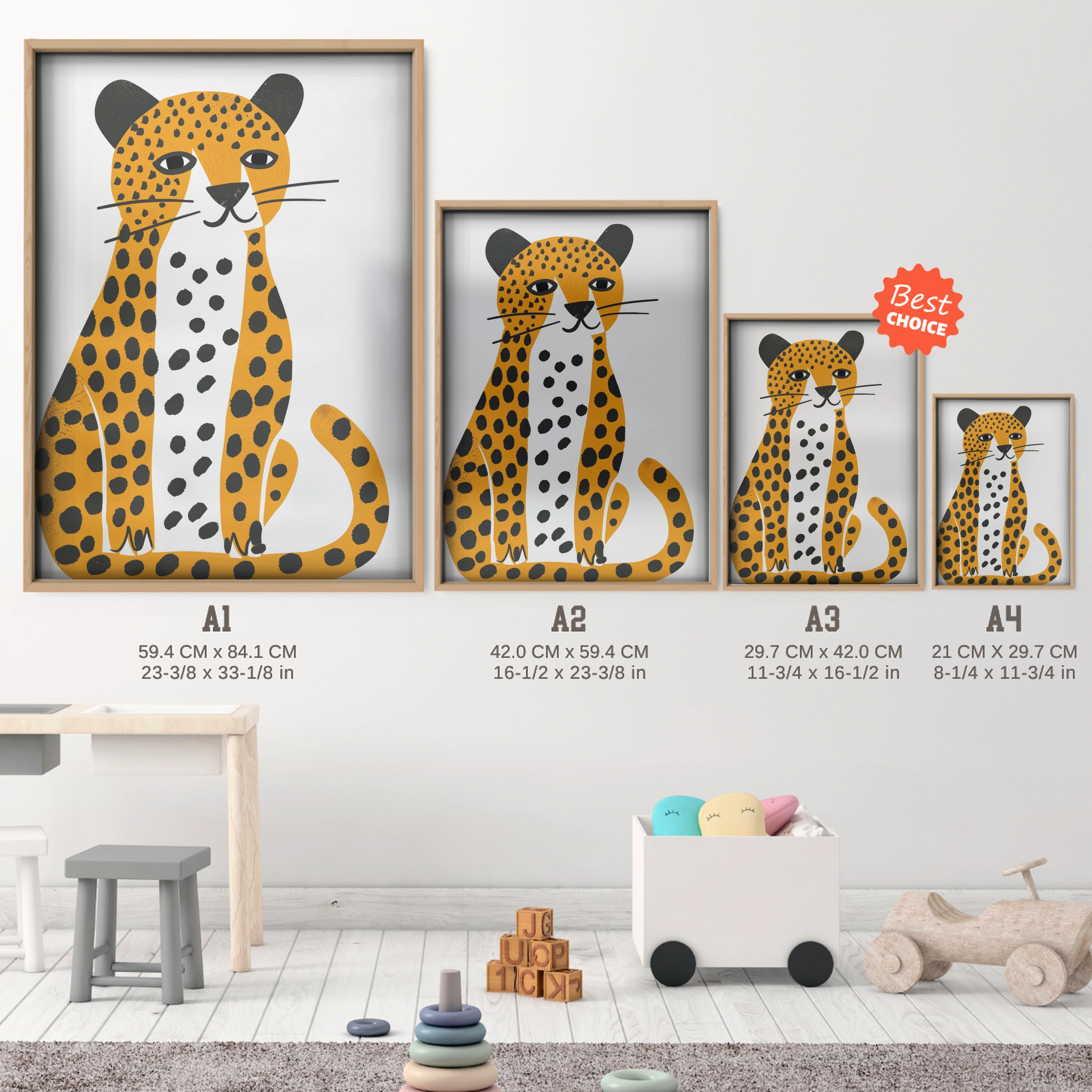 Spotted Leopard Nursery Print - size guide A4 A3 A2 A1 nursery print
