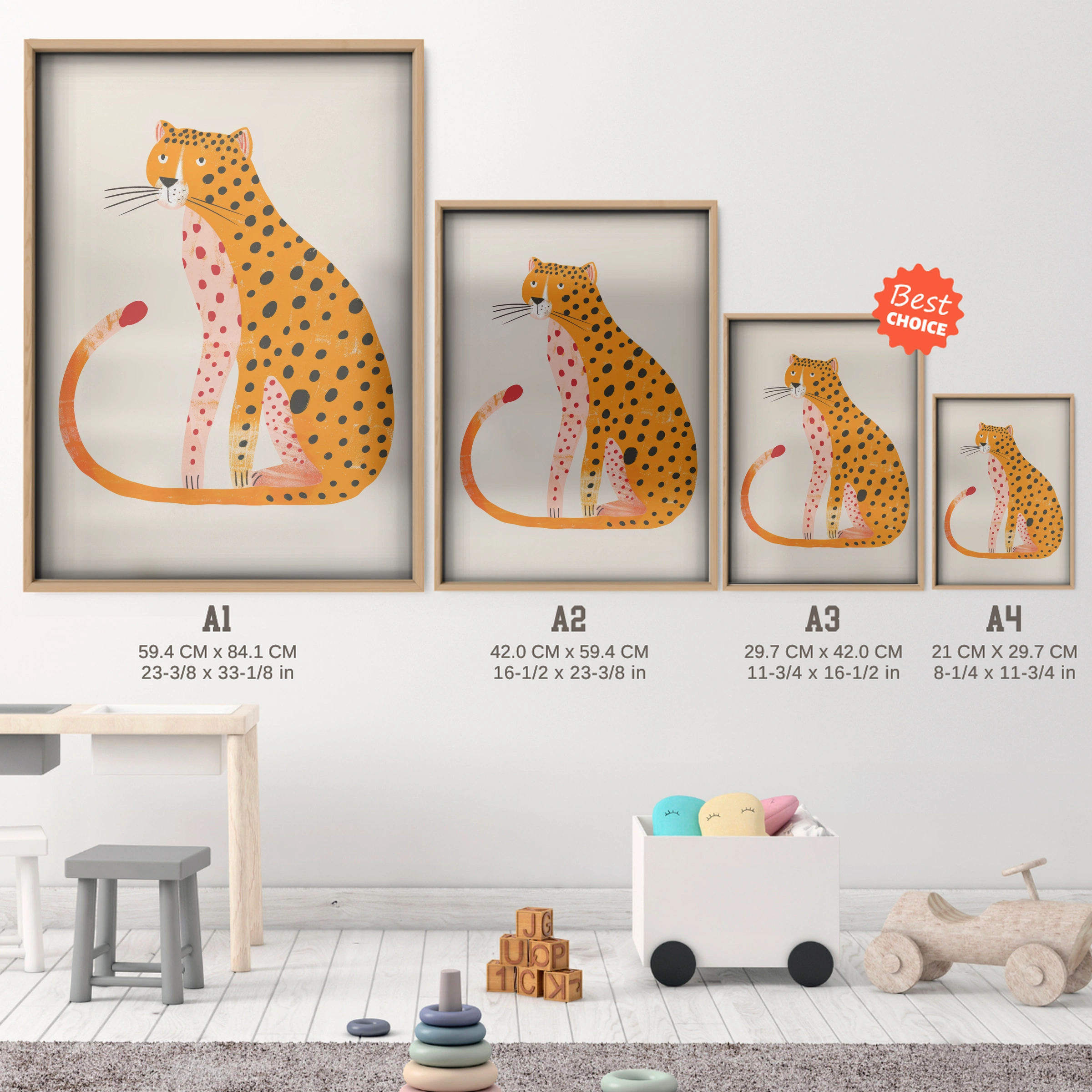 Spotty Cheetah Nursery Print - size guide A4 A3 A2 A1 nursery print