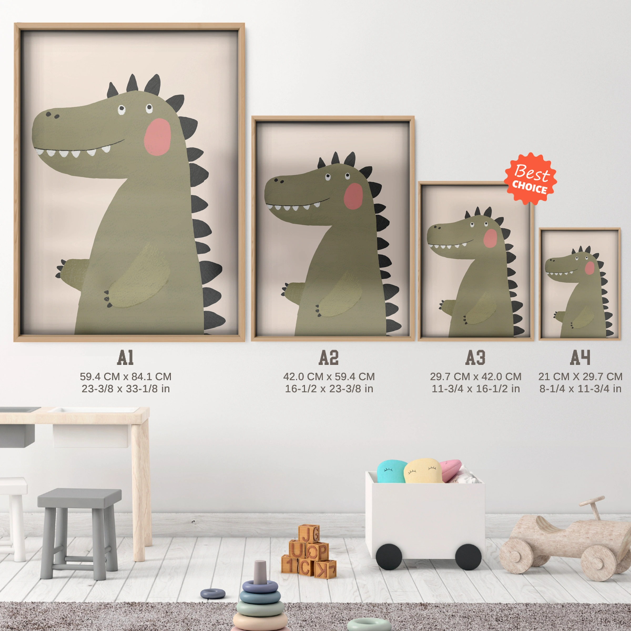 Spotty Crocodile Nursery Print - size guide A4 A3 A2 A1 nursery print
