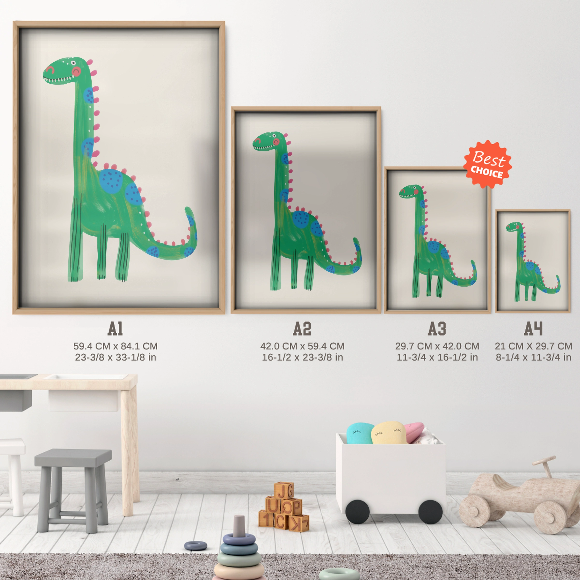 Spotty Dinosaur Nursery Print - size guide A4 A3 A2 A1 nursery print