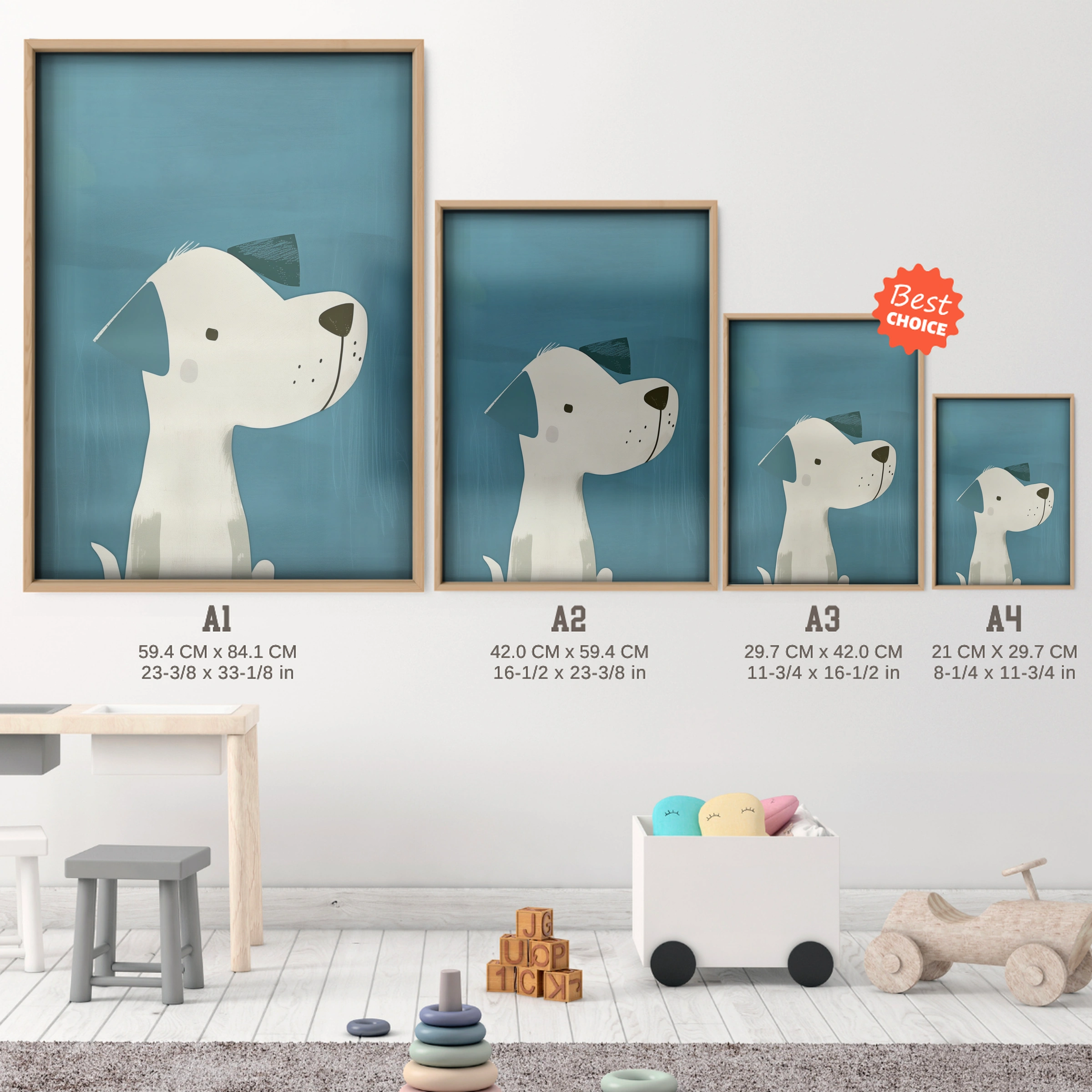 Spotty Dog Nursery Print - size guide A4 A3 A2 A1 nursery print