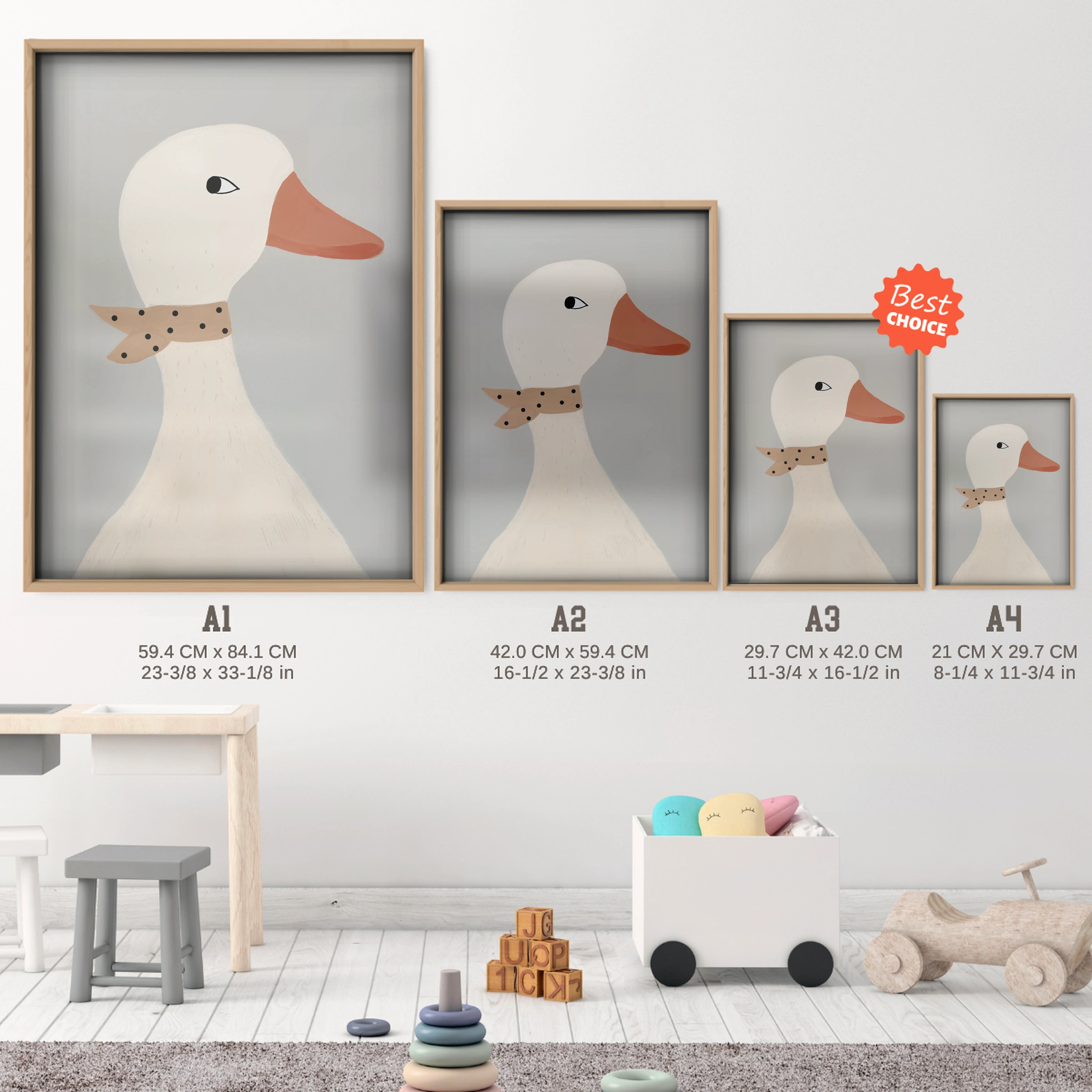Spotty Goose Nursery Print - size guide A4 A3 A2 A1 nursery print
