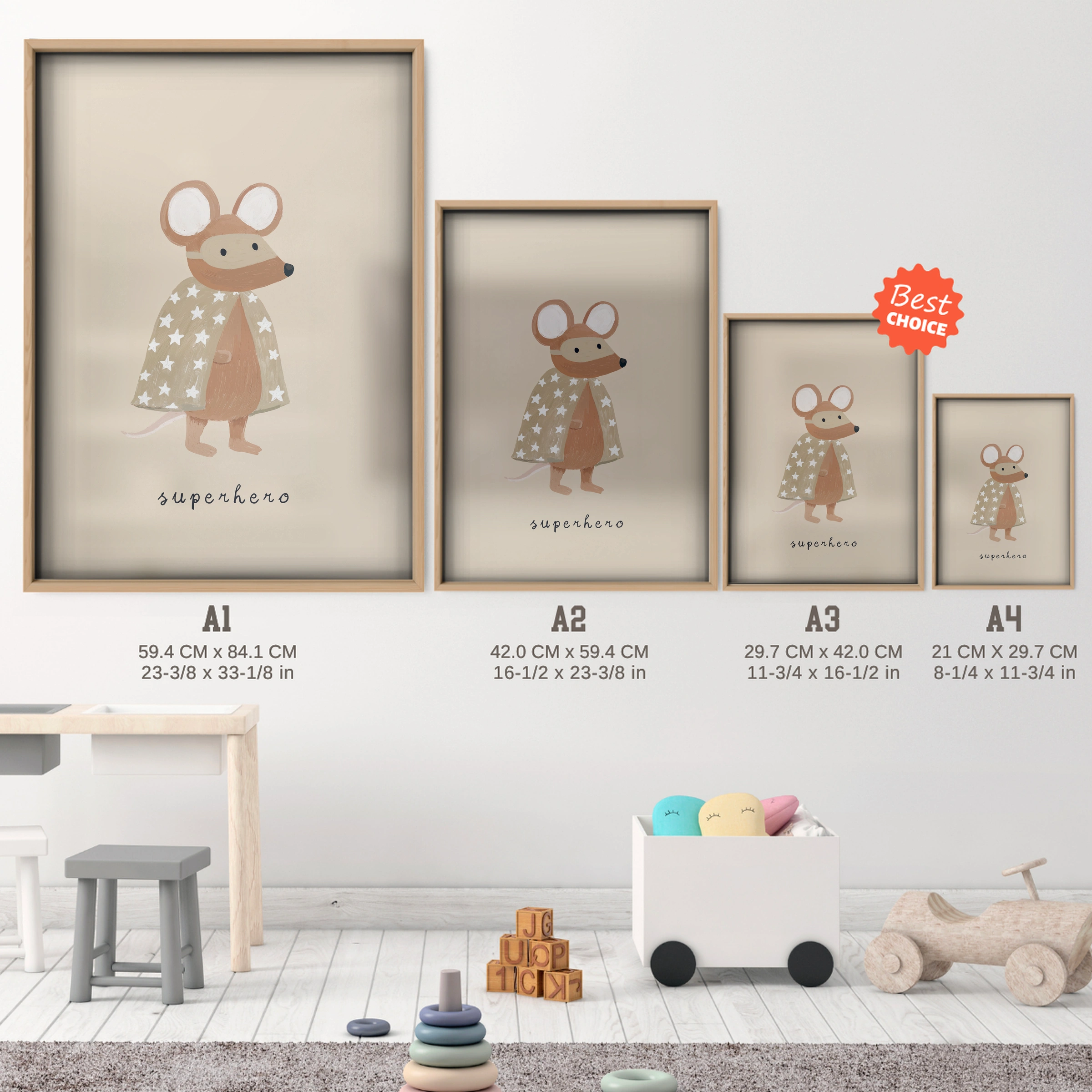 Spotty Mouse Nursery Print - size guide A4 A3 A2 A1 nursery print