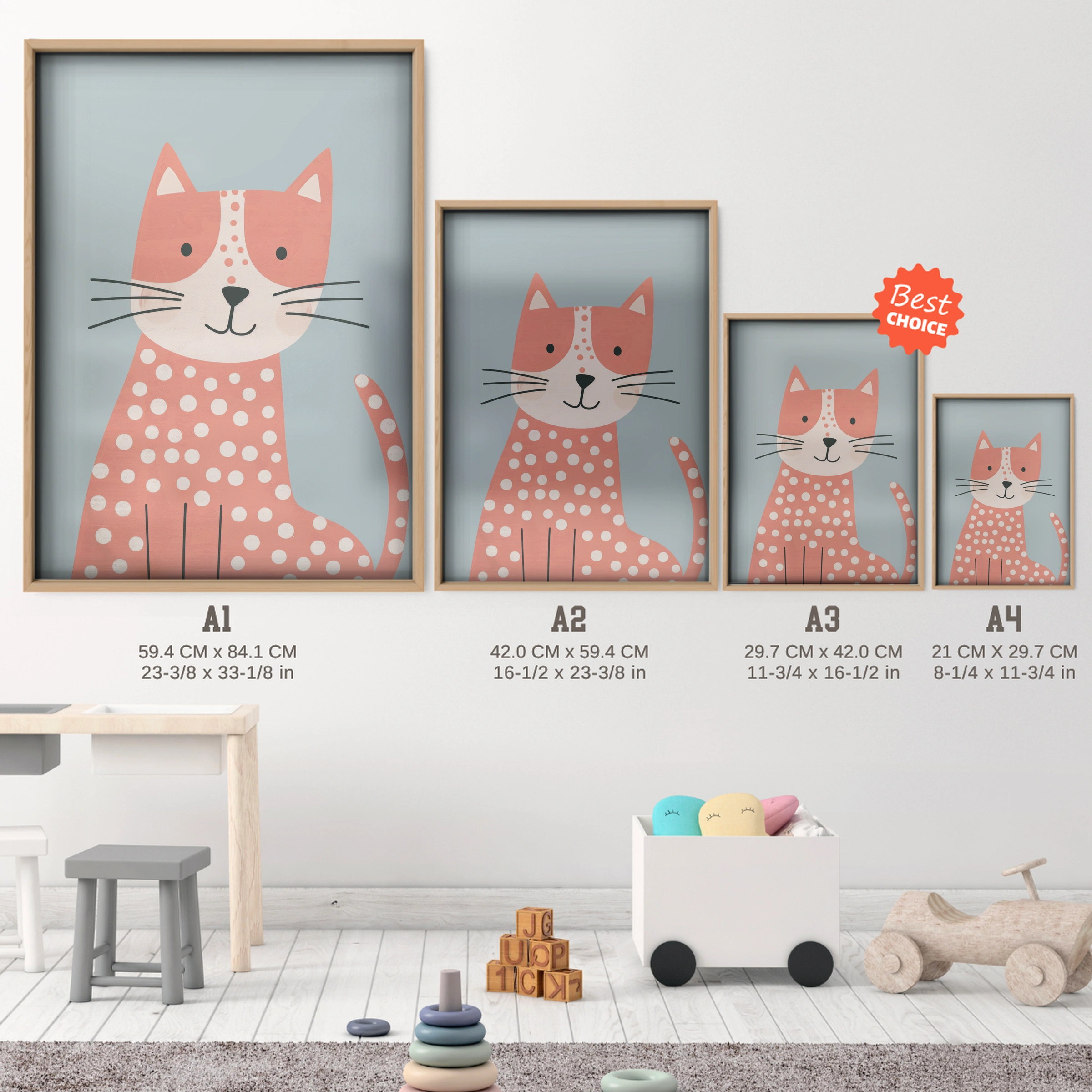 Spotty Pink Cat Nursery Print - size guide A4 A3 A2 A1 nursery print