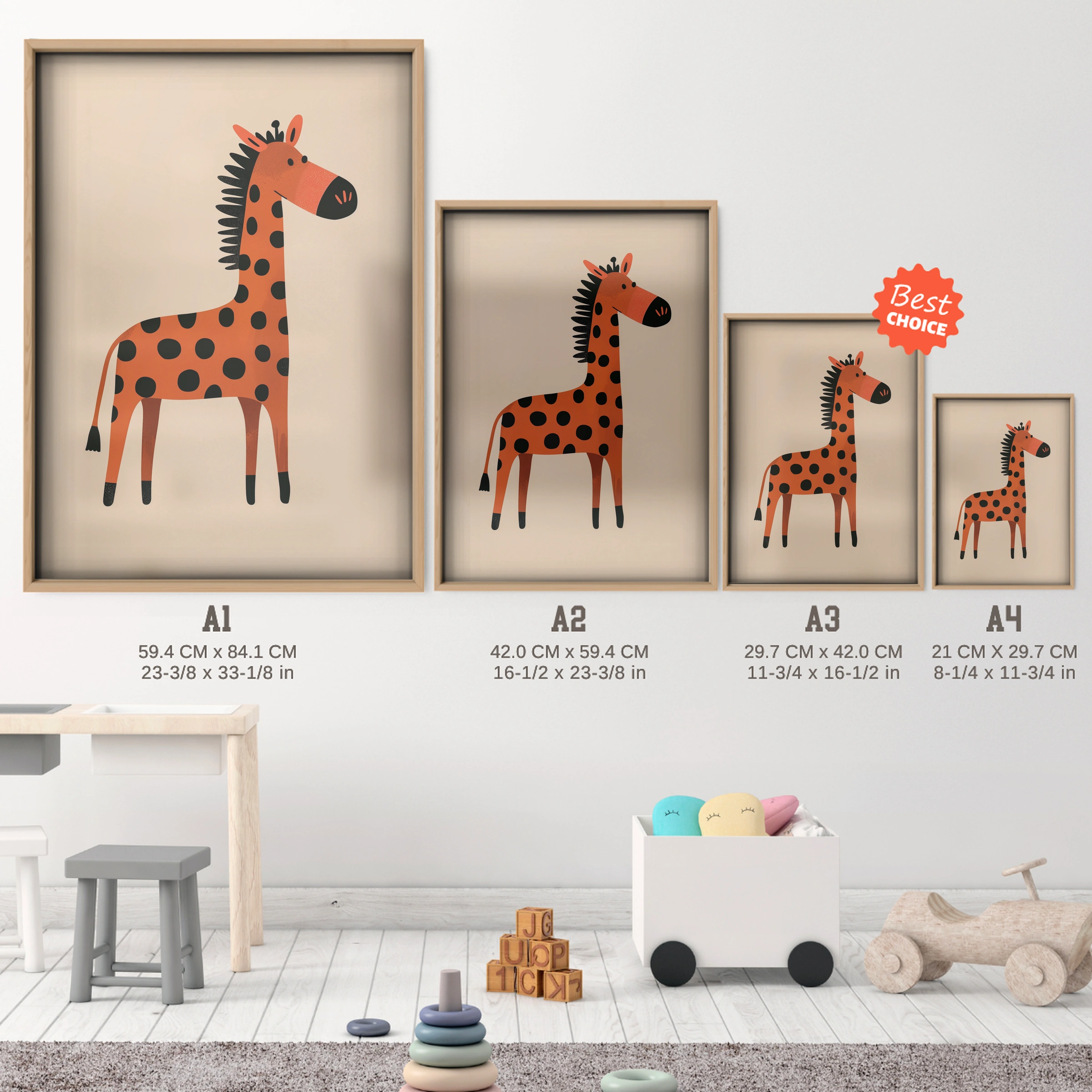 Spotty Zebra Nursery Print - size guide A4 A3 A2 A1 nursery print