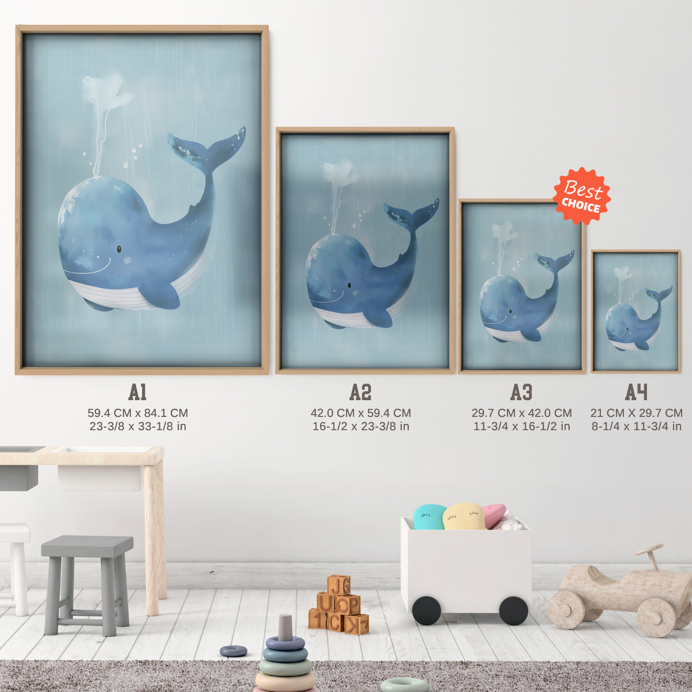 Spouting Whale Nursery Print - size guide A4 A3 A2 A1 nursery print