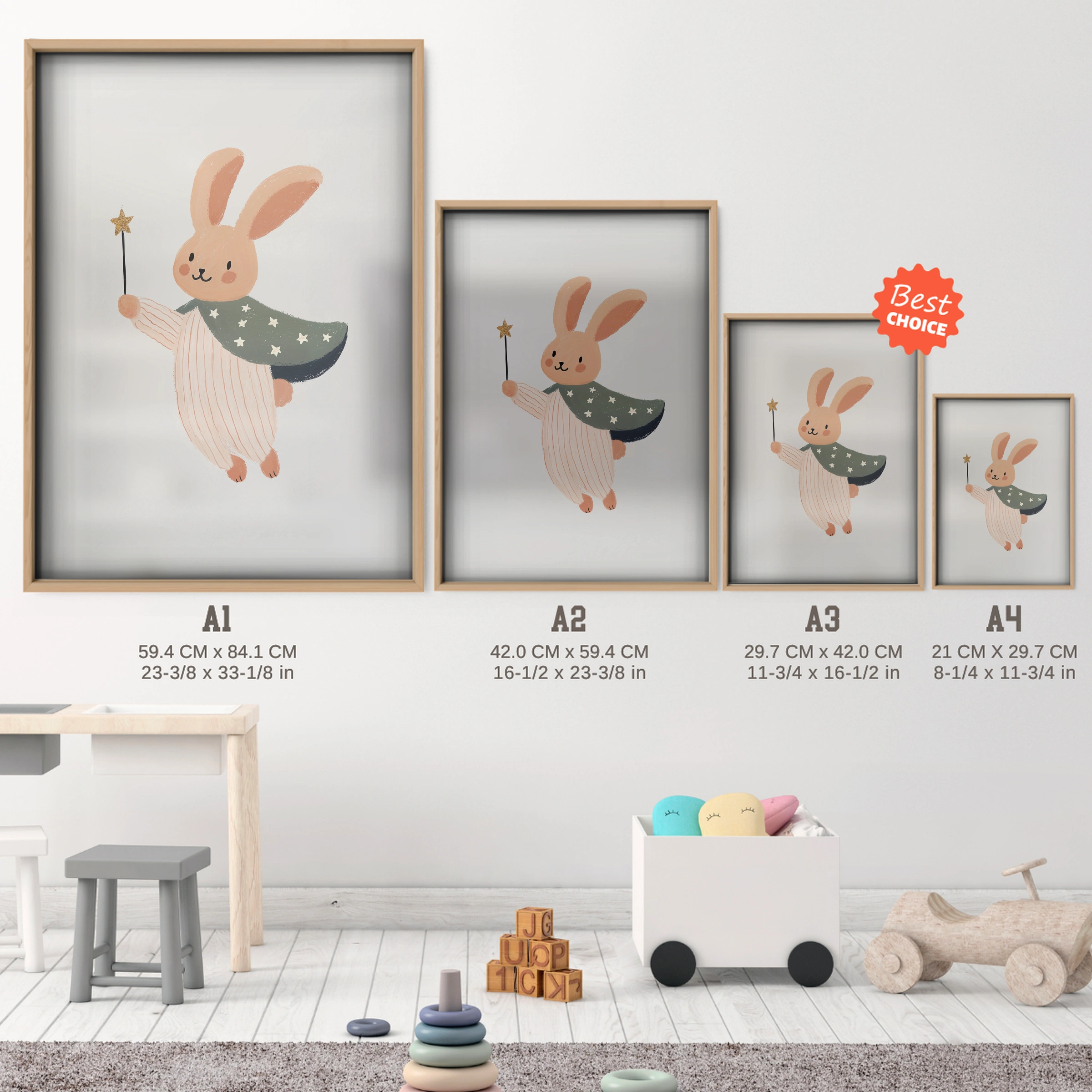 Spring Bunny Nursery Print - size guide A4 A3 A2 A1 nursery print