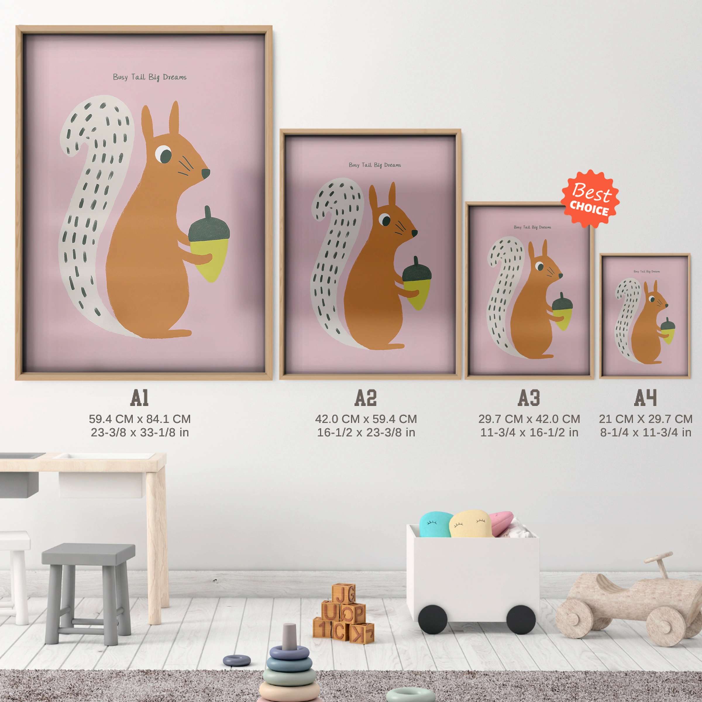 Squirrel with an Acorn Nursery Print - size guide A4 A3 A2 A1 nursery print