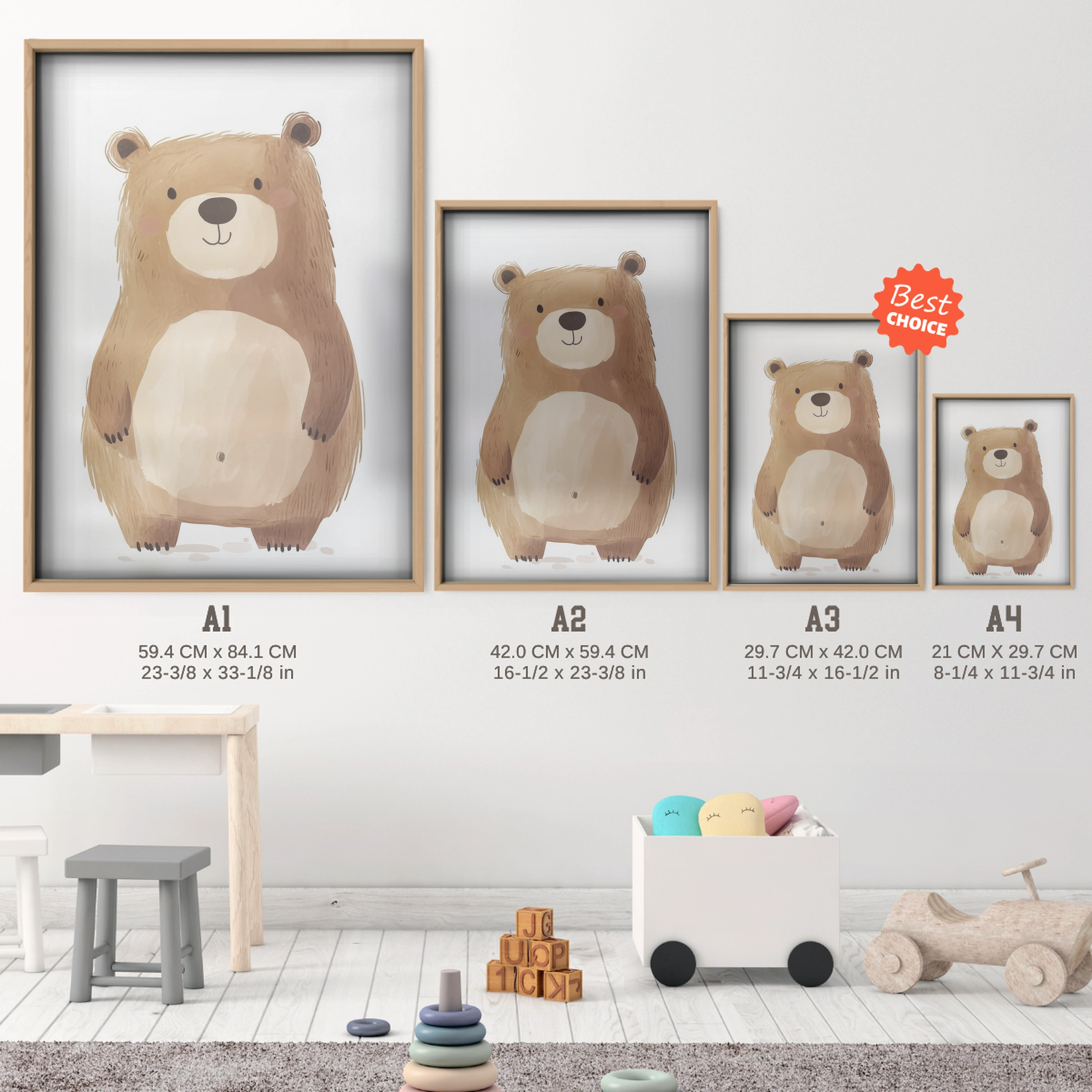 Standing Bear Nursery Print - size guide A4 A3 A2 A1 nursery print