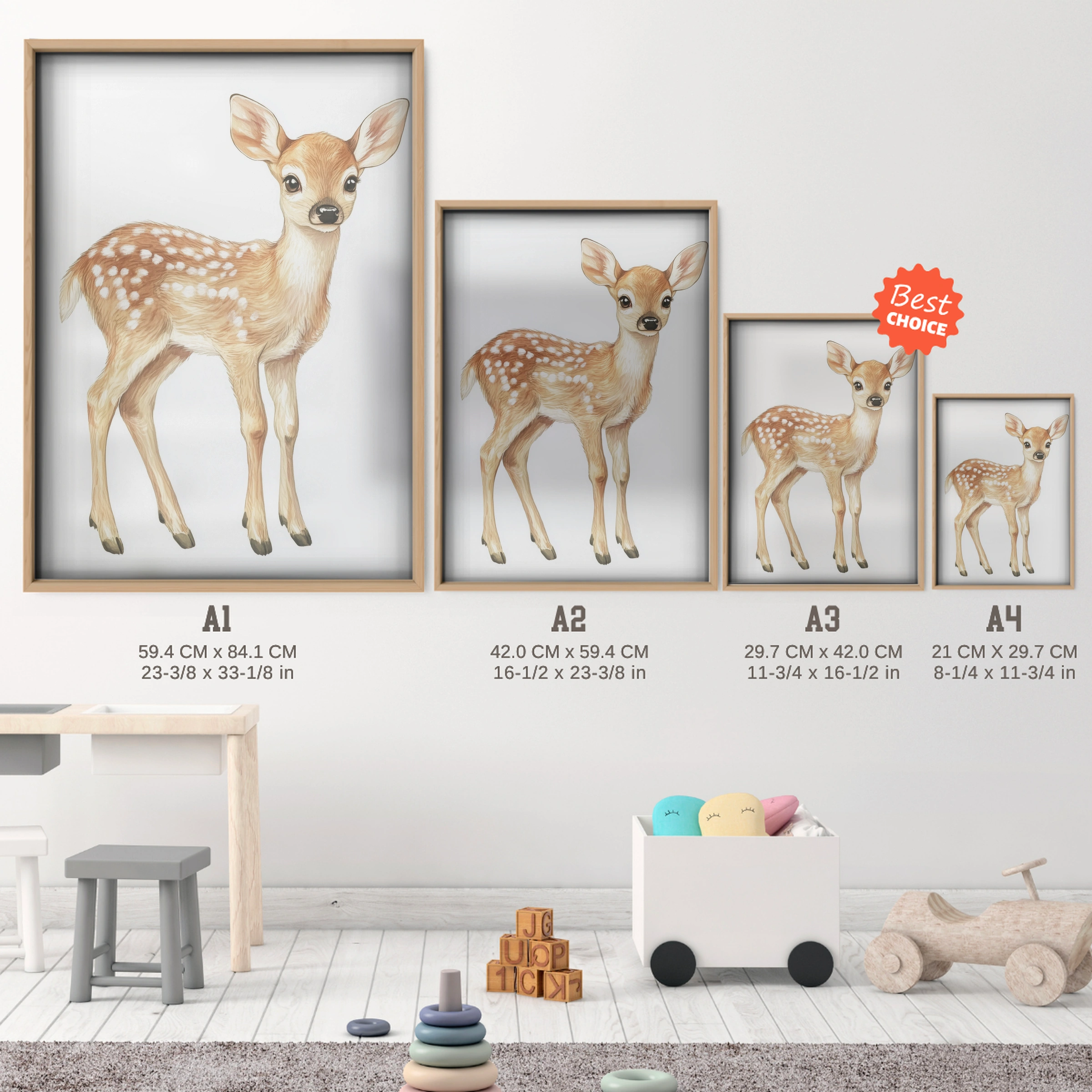 Standing Fawn Nursery Print - size guide A4 A3 A2 A1 nursery print