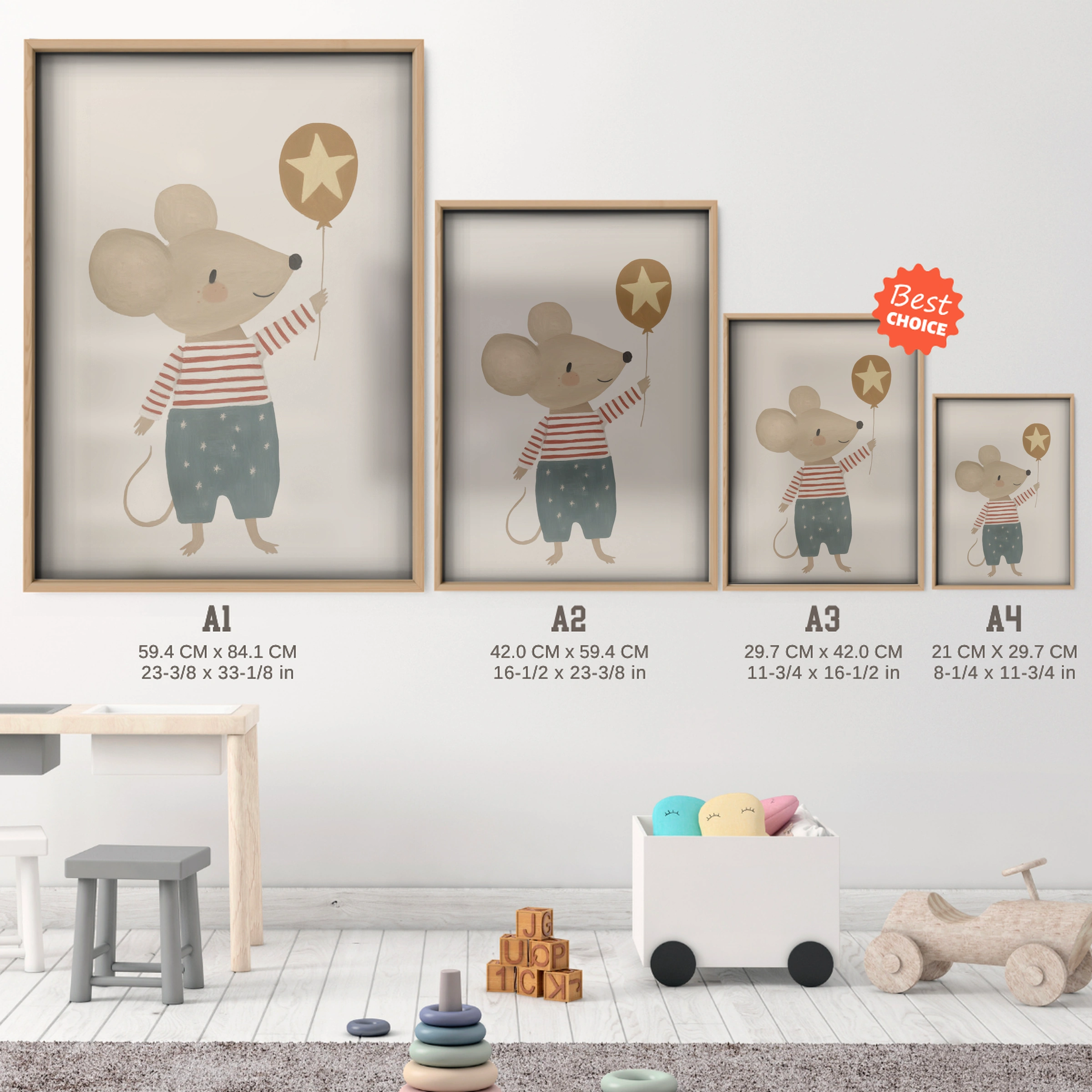 Standing Mouse Nursery Print - size guide A4 A3 A2 A1 nursery print