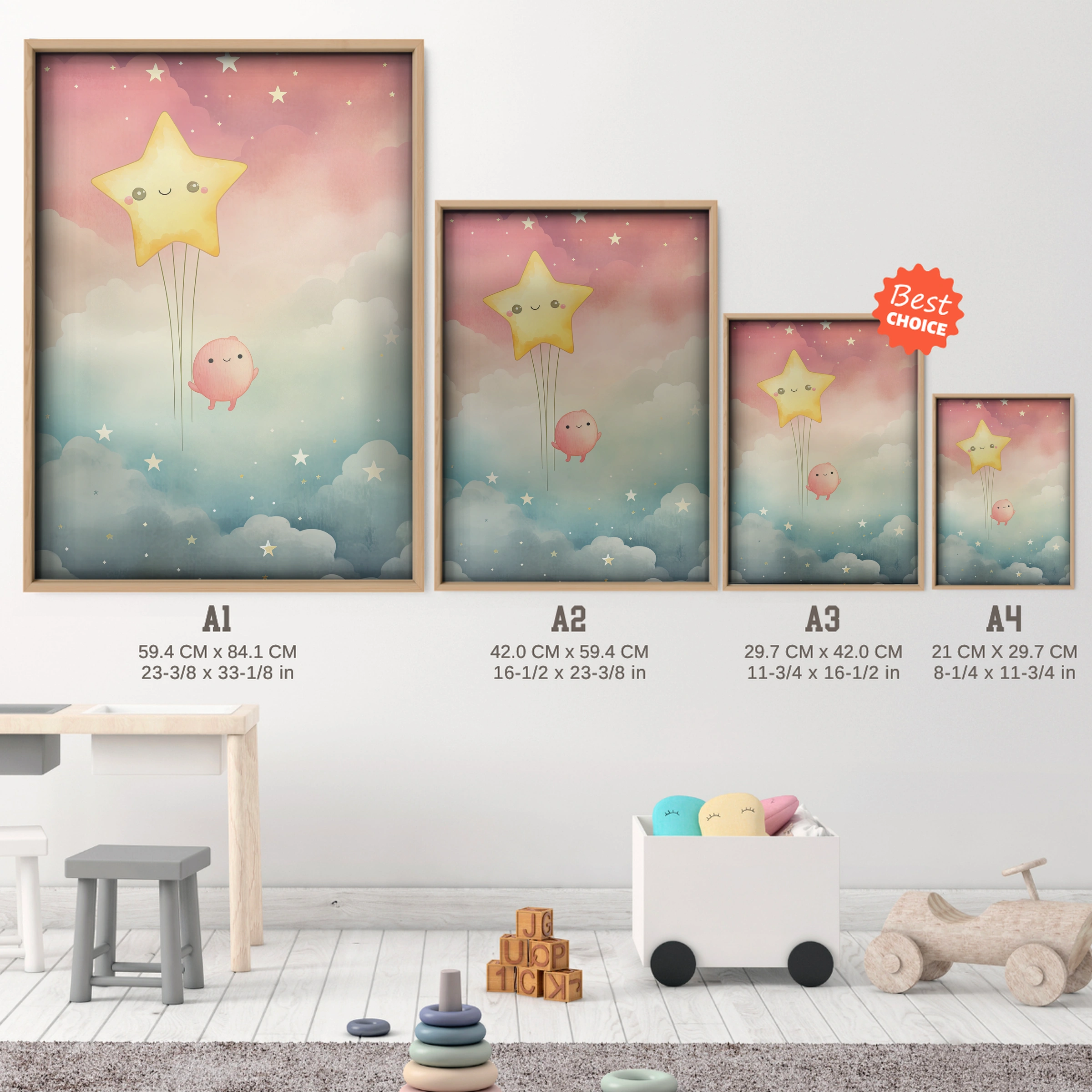 Star Balloon Nursery Print - size guide A4 A3 A2 A1 nursery print