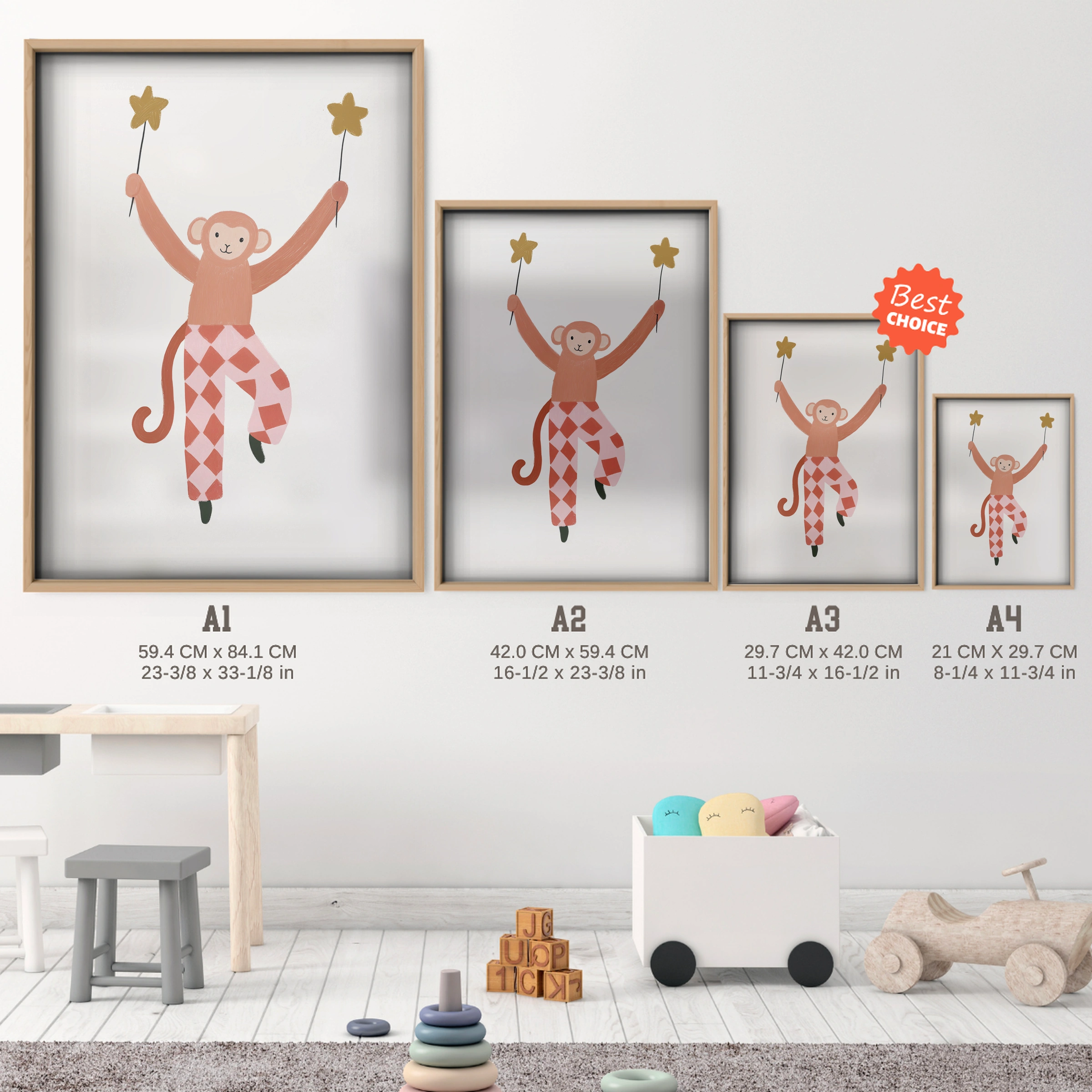 Star Catcher Monkey Nursery Print - size guide A4 A3 A2 A1 nursery print