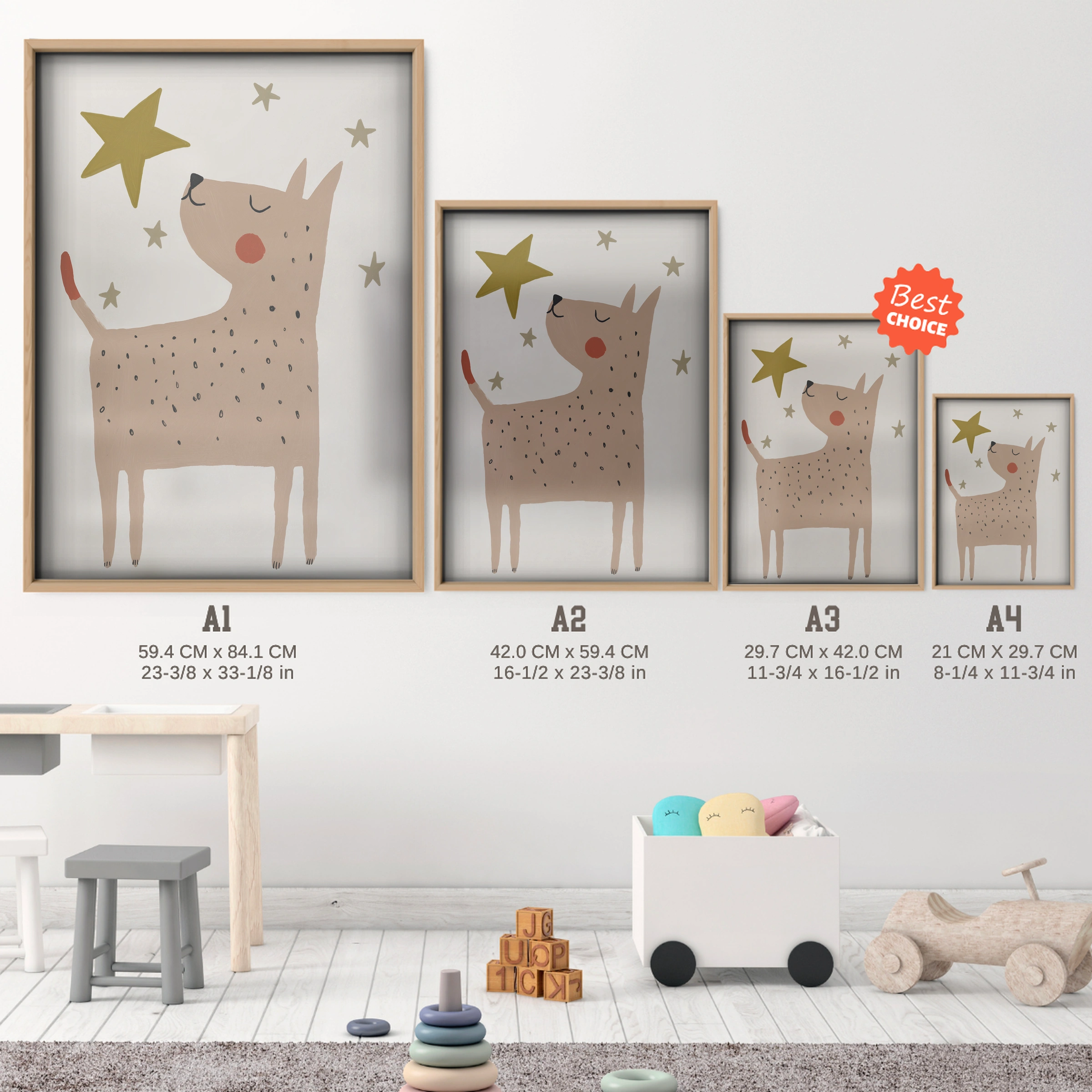 Star Dog Nursery Print - size guide A4 A3 A2 A1 nursery print