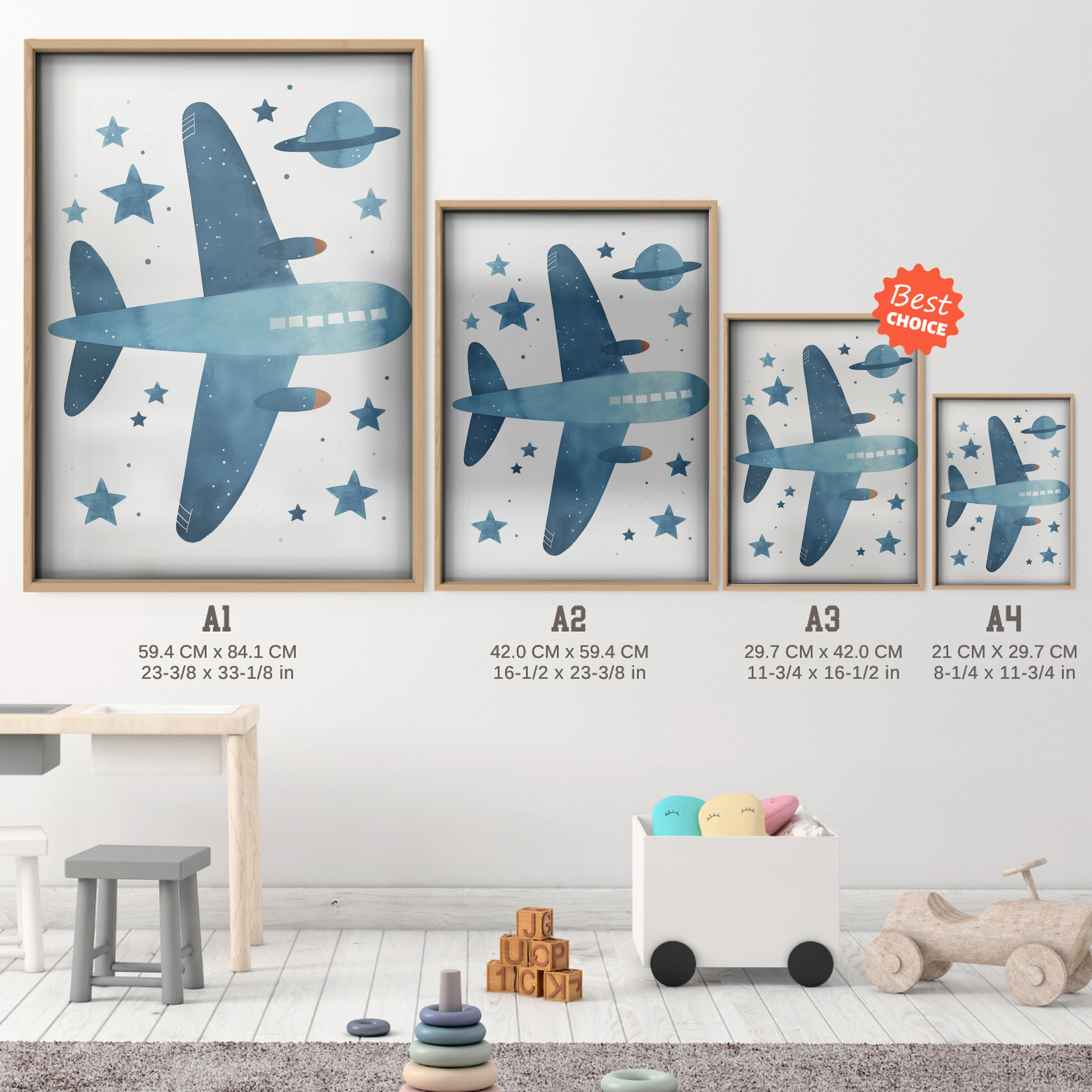 Starry Airplane Nursery Print - size guide A4 A3 A2 A1 nursery print