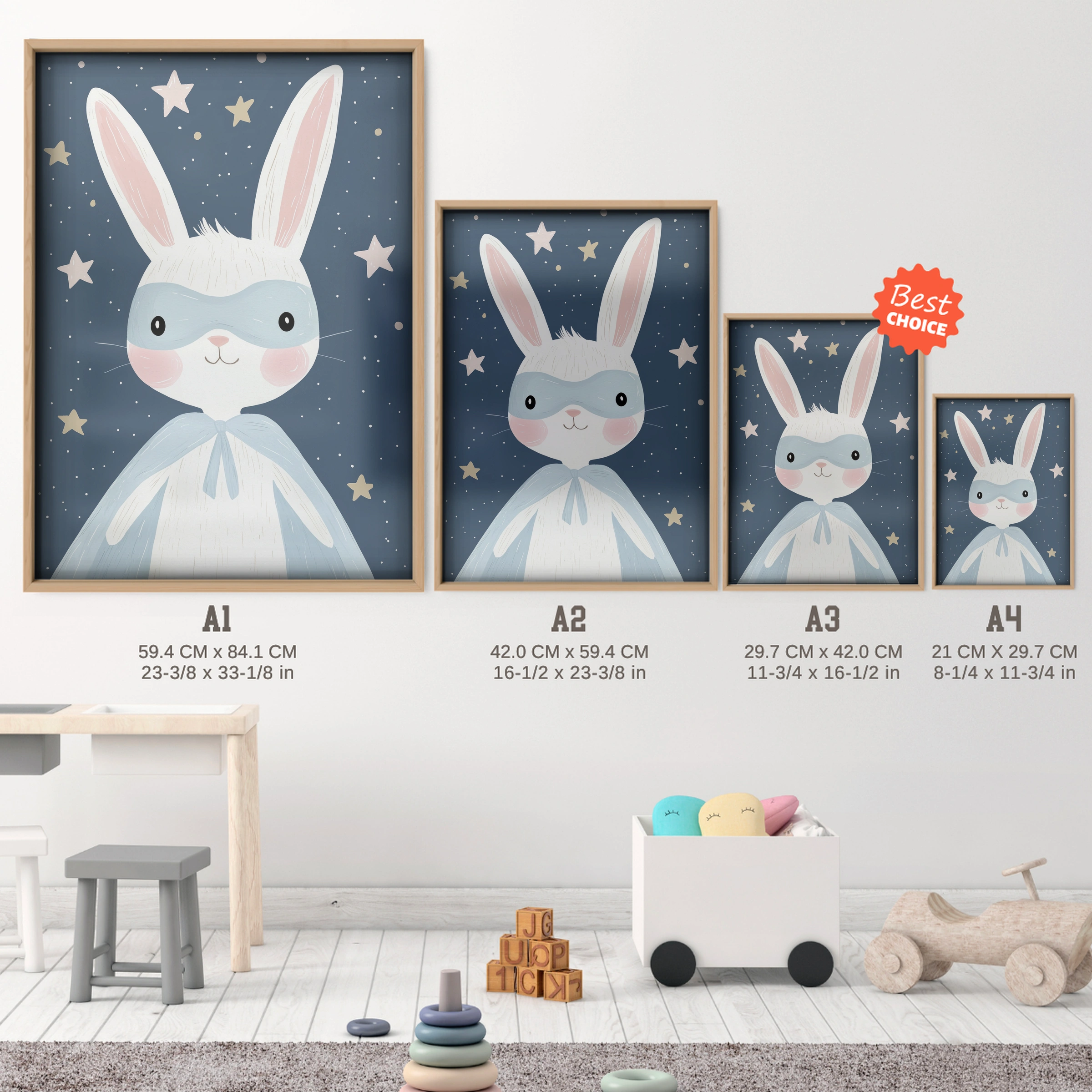 Starry Bunny Nursery Print - size guide A4 A3 A2 A1 nursery print