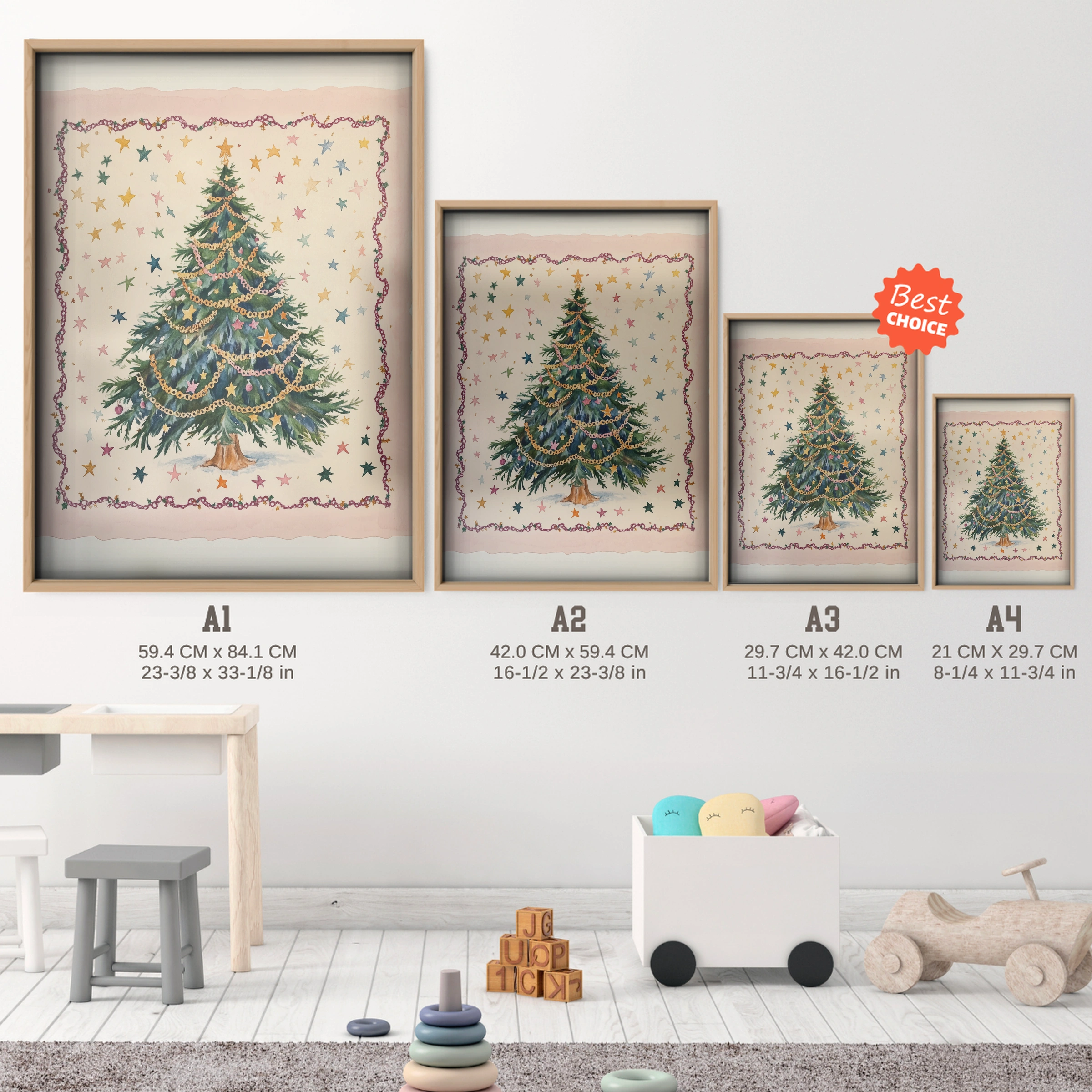 Starry Christmas Tree Print - size guide A4 A3 A2 A1 nursery print