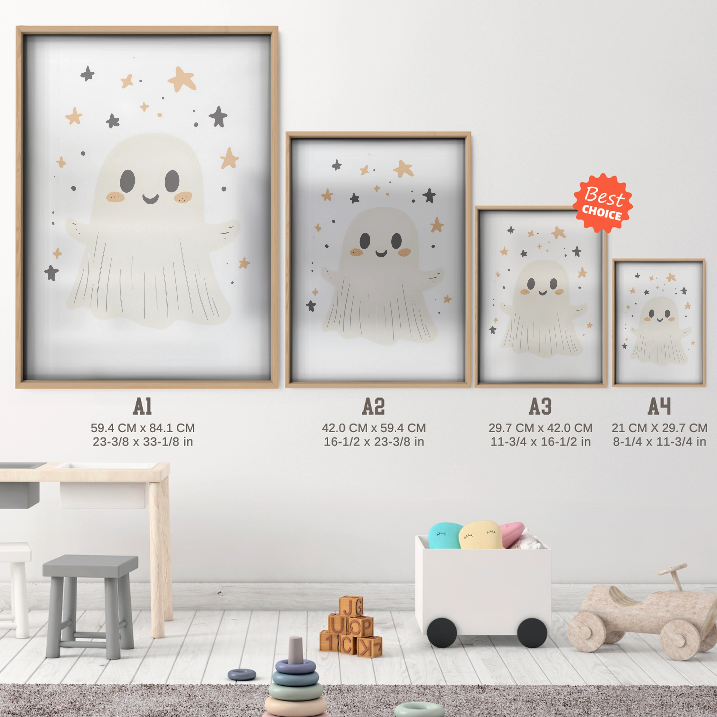Starry Ghost Nursery Print - size guide A4 A3 A2 A1 nursery print