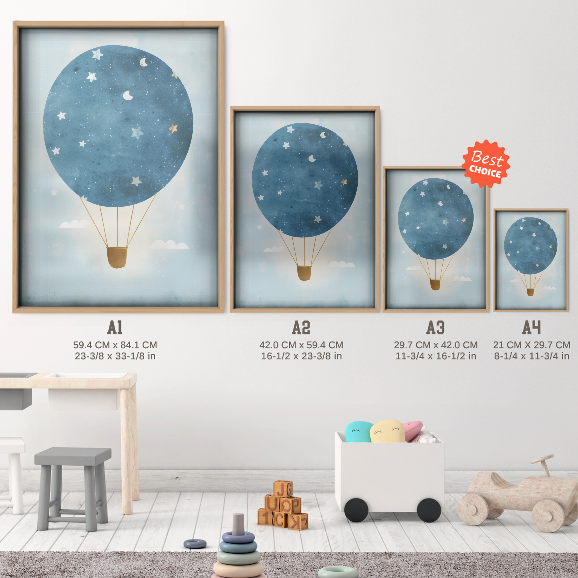 Starry Hot Air Balloon Nursery Print - size guide A4 A3 A2 A1 nursery print