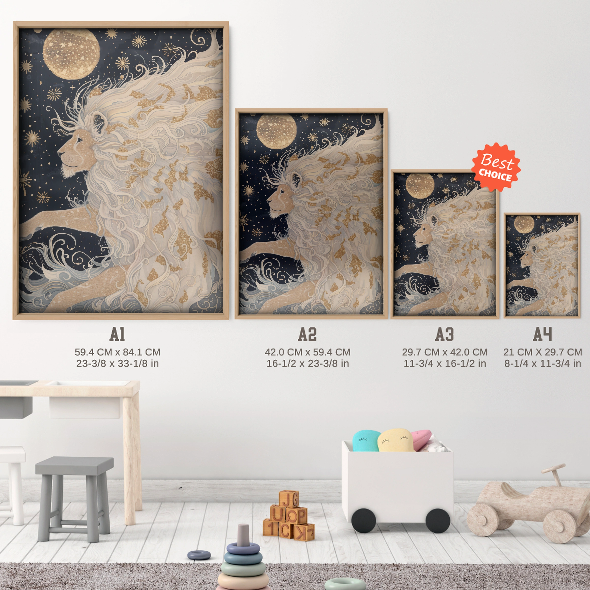 Starry Mane Lion Nursery Print - size guide A4 A3 A2 A1 nursery print