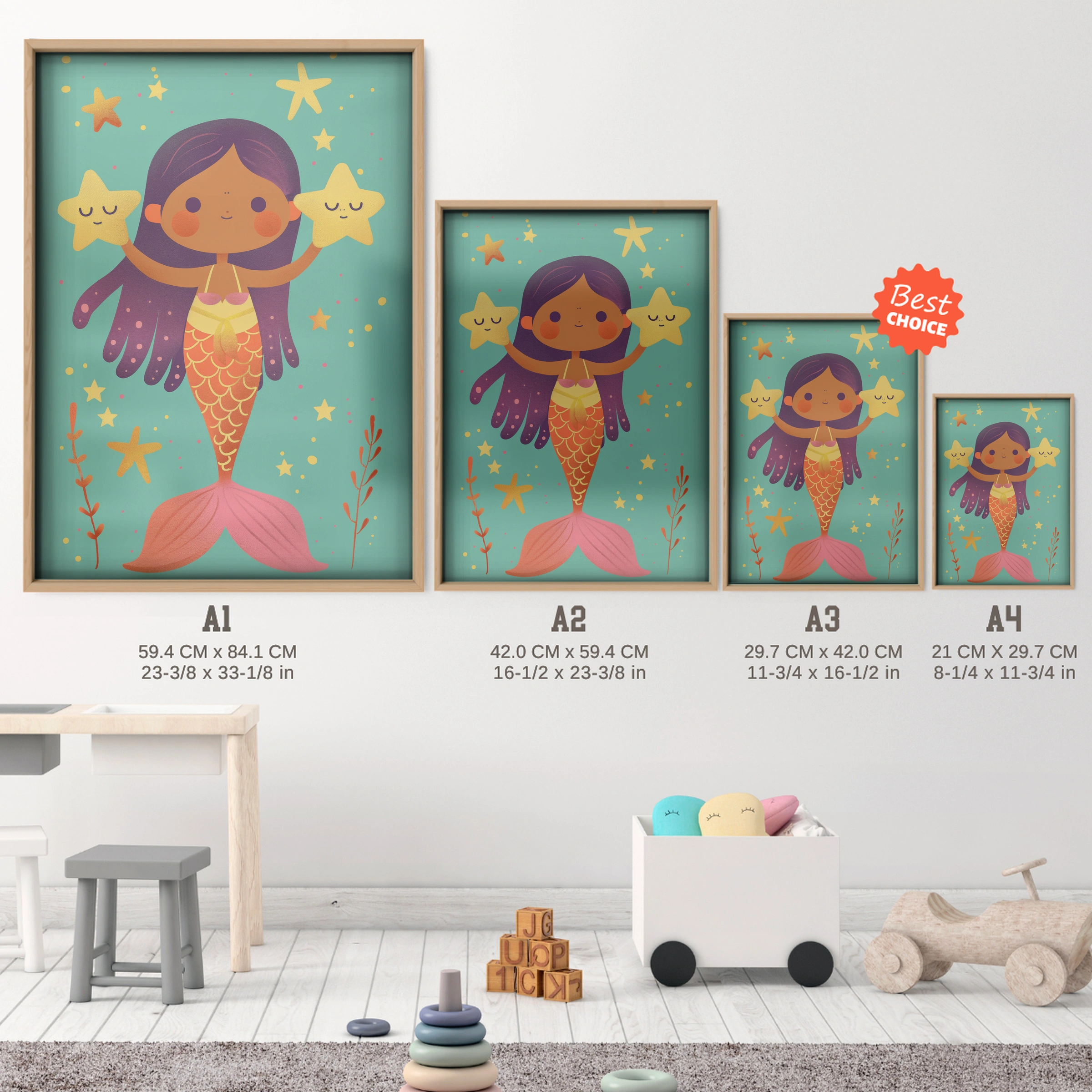 Starry Mermaid Nursery Print - size guide A4 A3 A2 A1 nursery print