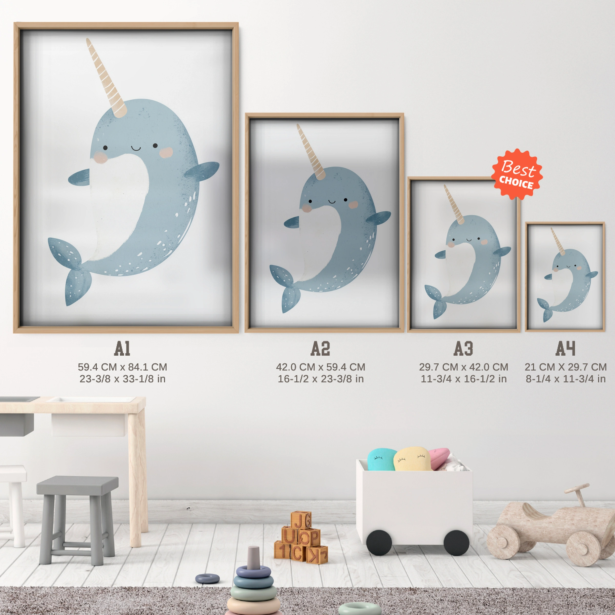 Starry Narwhal Nursery Print - size guide A4 A3 A2 A1 nursery print