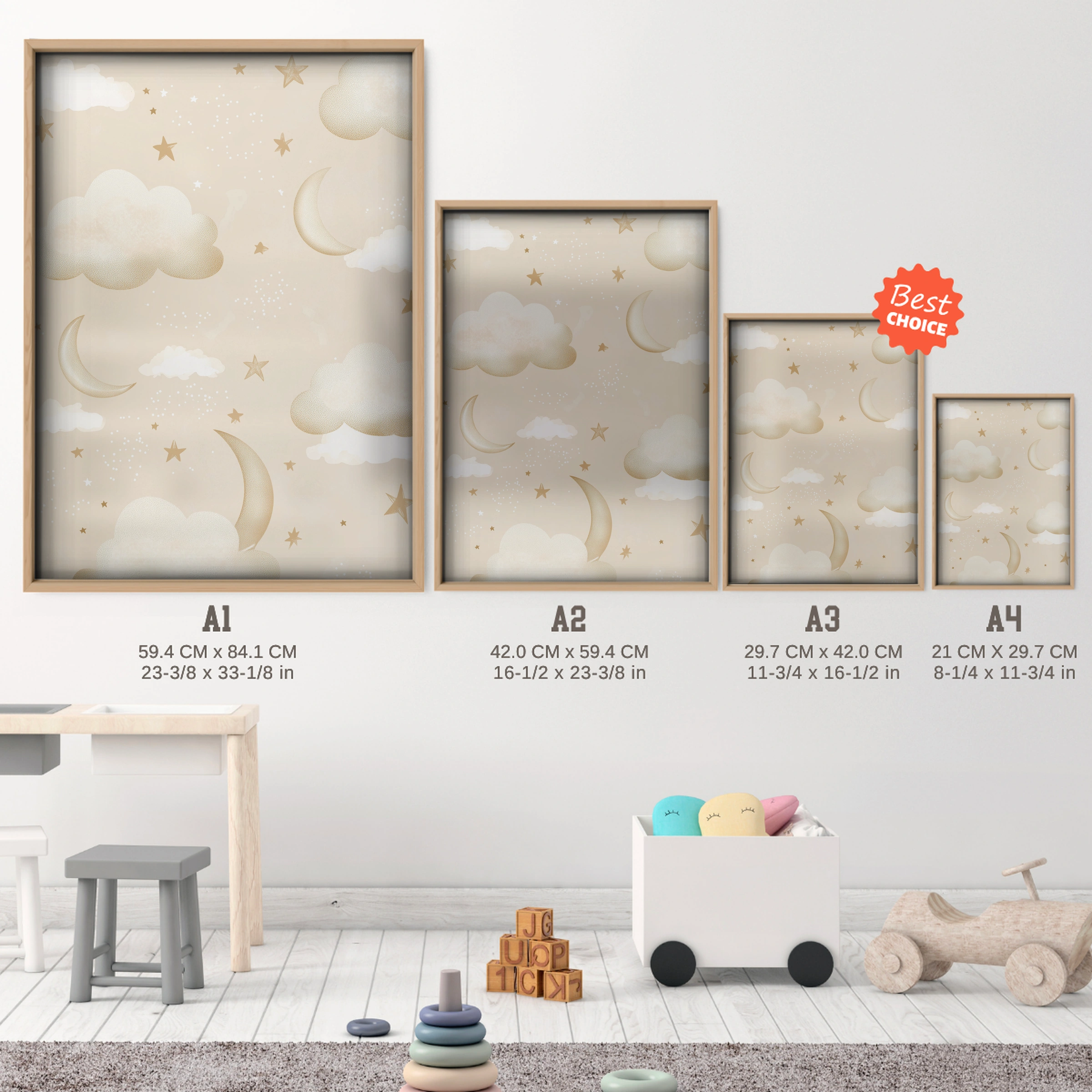 Starry Night Sky Nursery Print - size guide A4 A3 A2 A1 nursery print