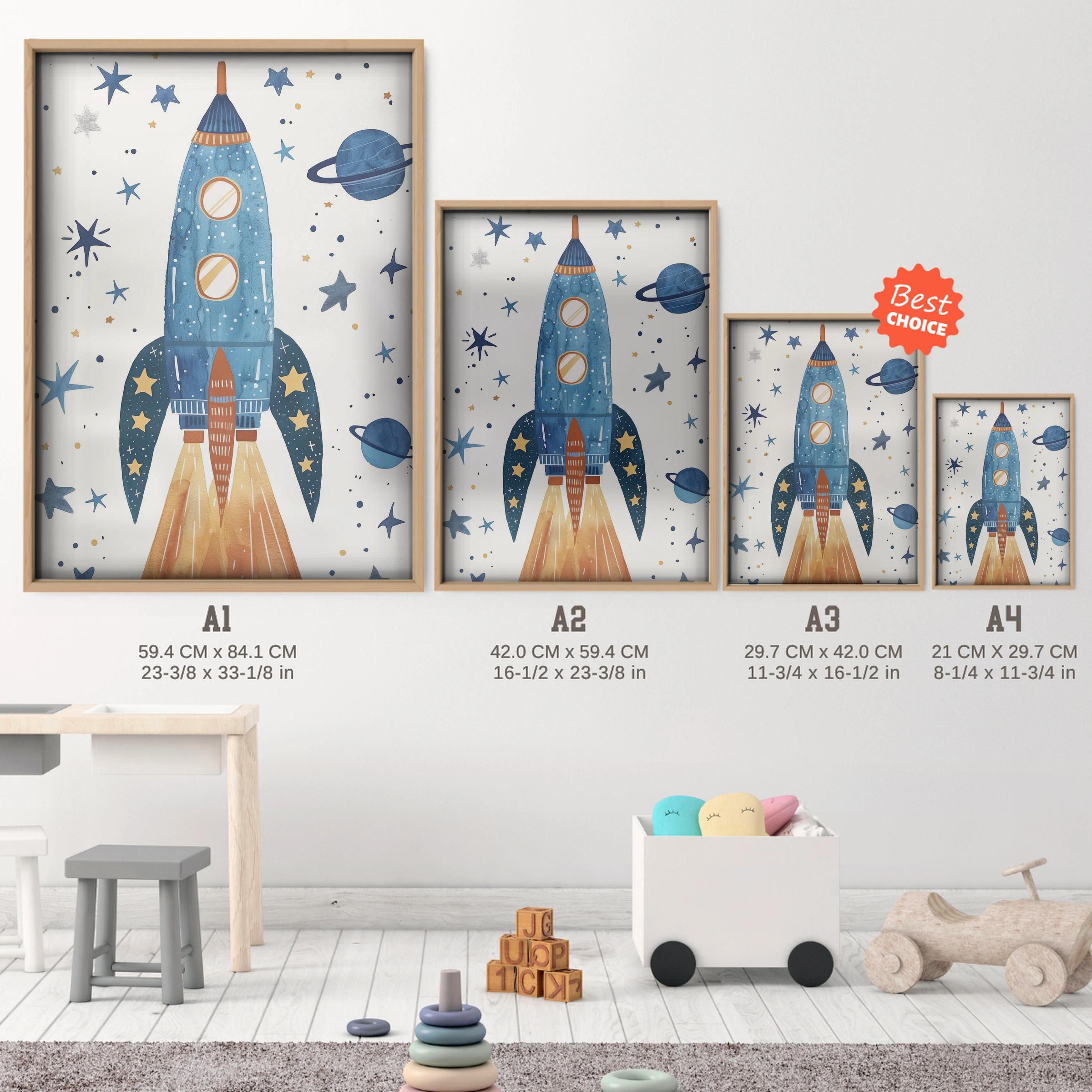 Starry Rocket Nursery Print - size guide A4 A3 A2 A1 nursery print
