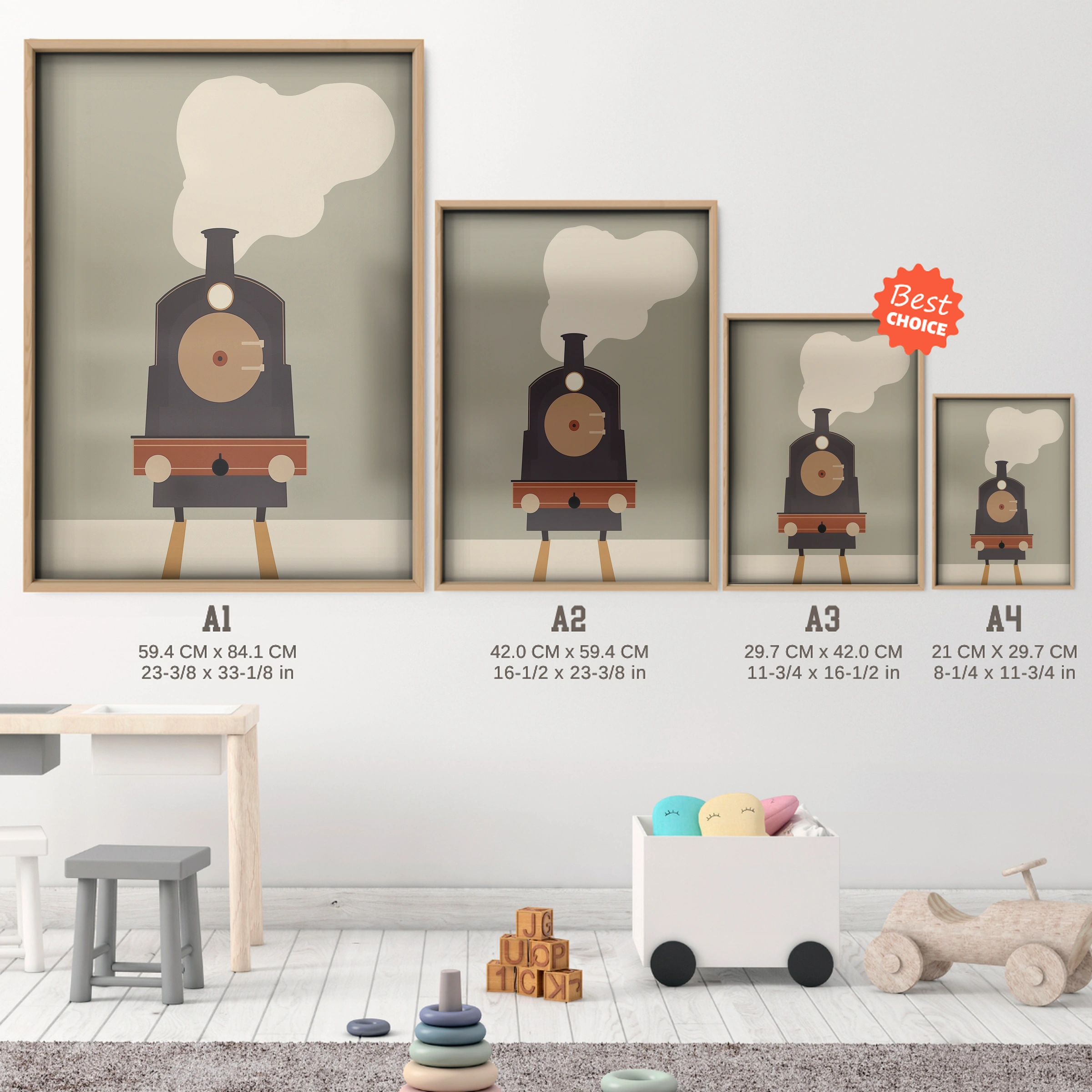 Steam Locomotive Nursery Print - size guide A4 A3 A2 A1 nursery print