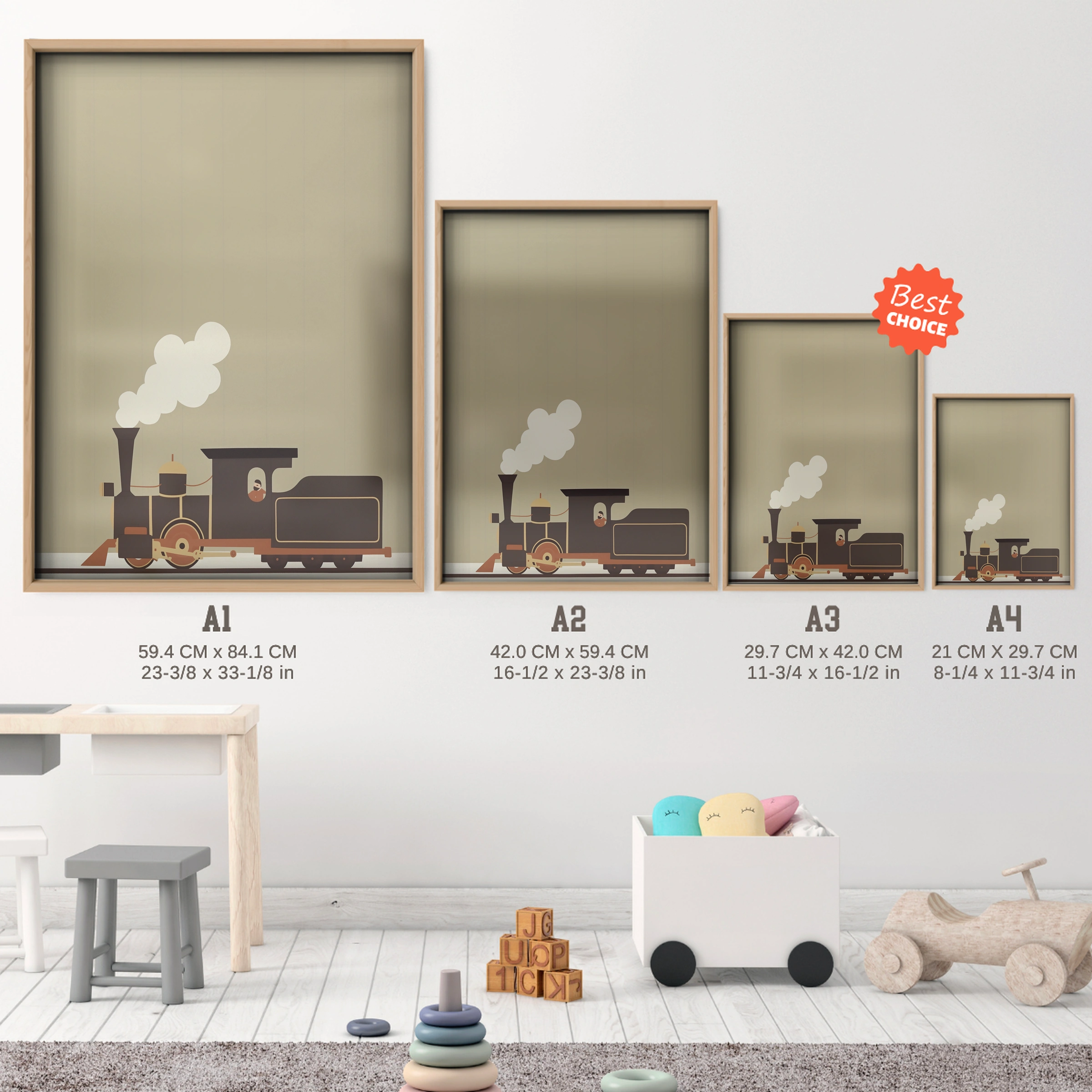Steam Train Nursery Print - size guide A4 A3 A2 A1 nursery print