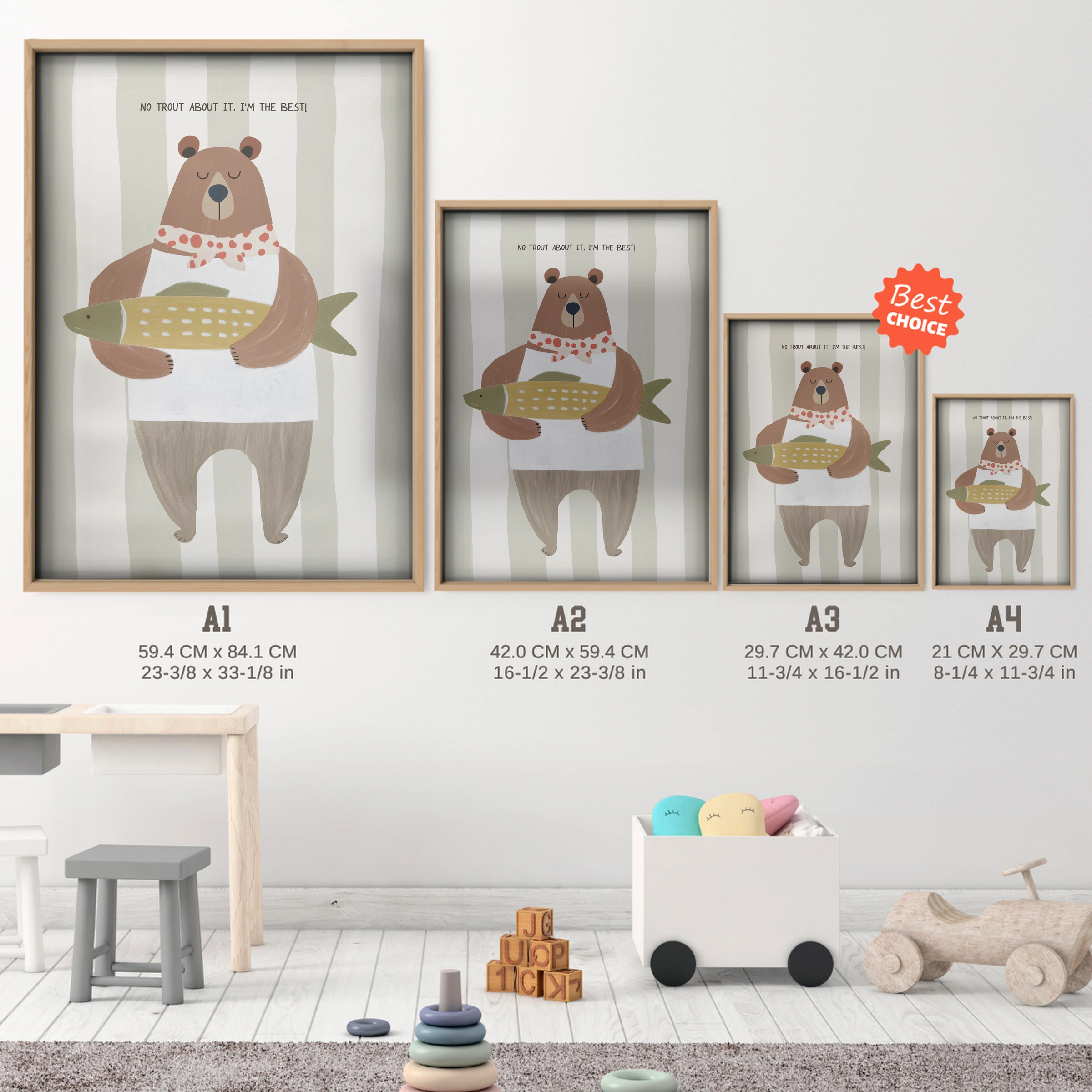 Storybook Bear Nursery Print - size guide A4 A3 A2 A1 nursery print