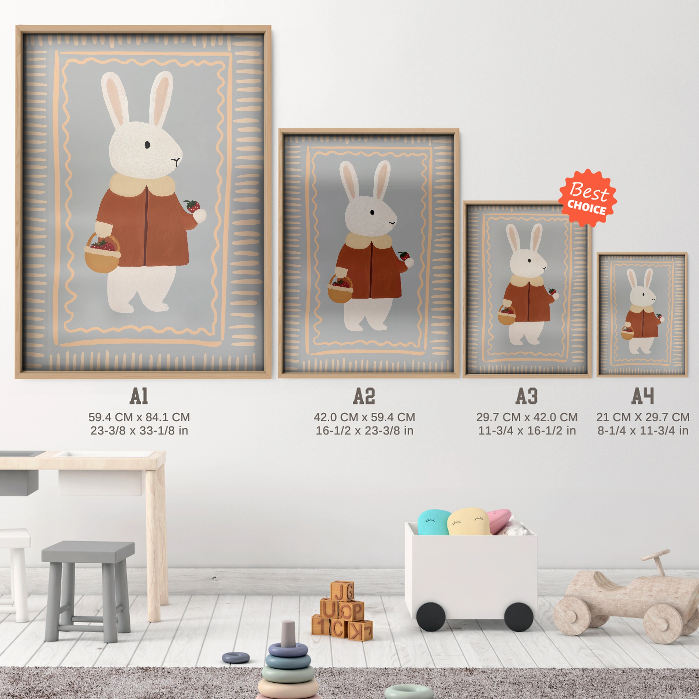 Storybook Bunny Nursery Print - size guide A4 A3 A2 A1 nursery print