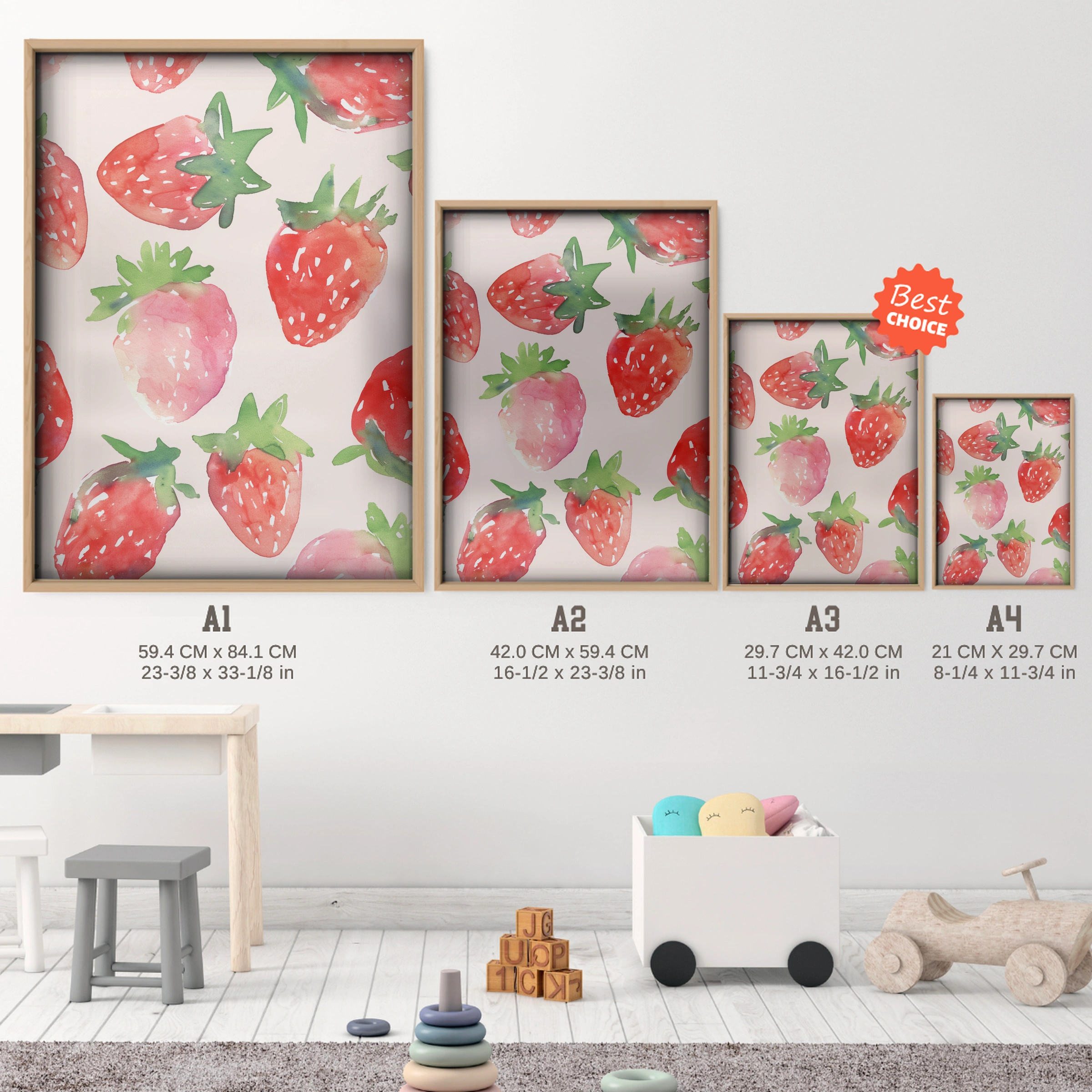 Strawberries Nursery Print - size guide A4 A3 A2 A1 nursery print