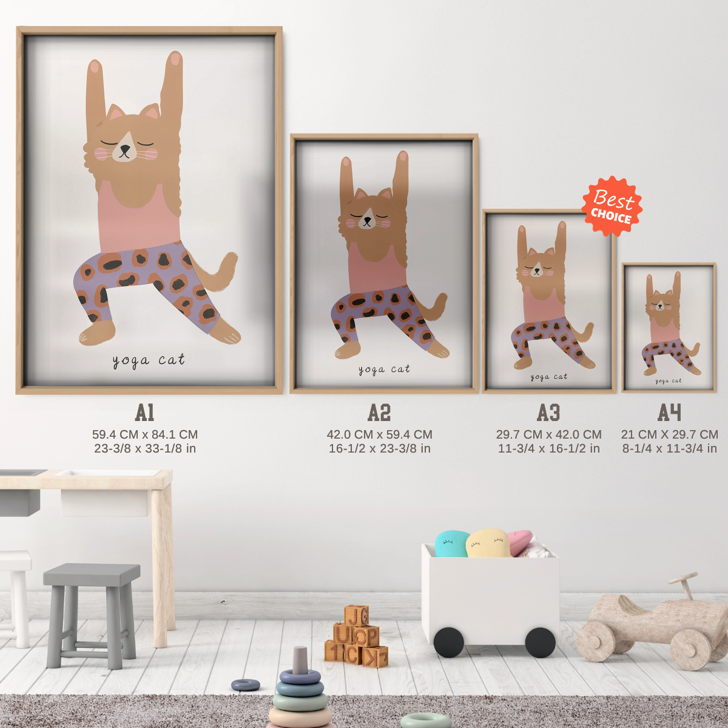 Stretching Cat Nursery Print - size guide A4 A3 A2 A1 nursery print