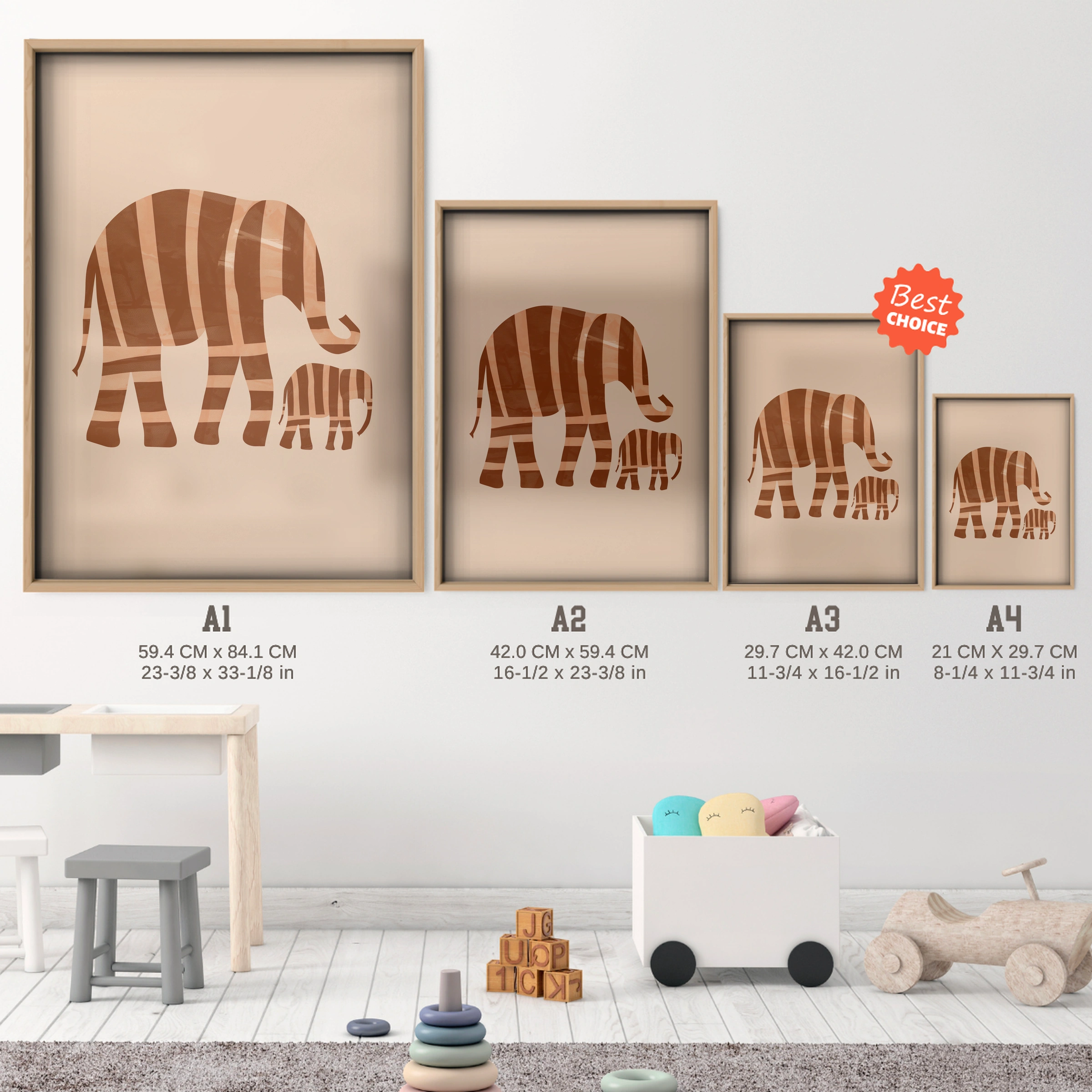 Striped Elephants Nursery Print - size guide A4 A3 A2 A1 nursery print