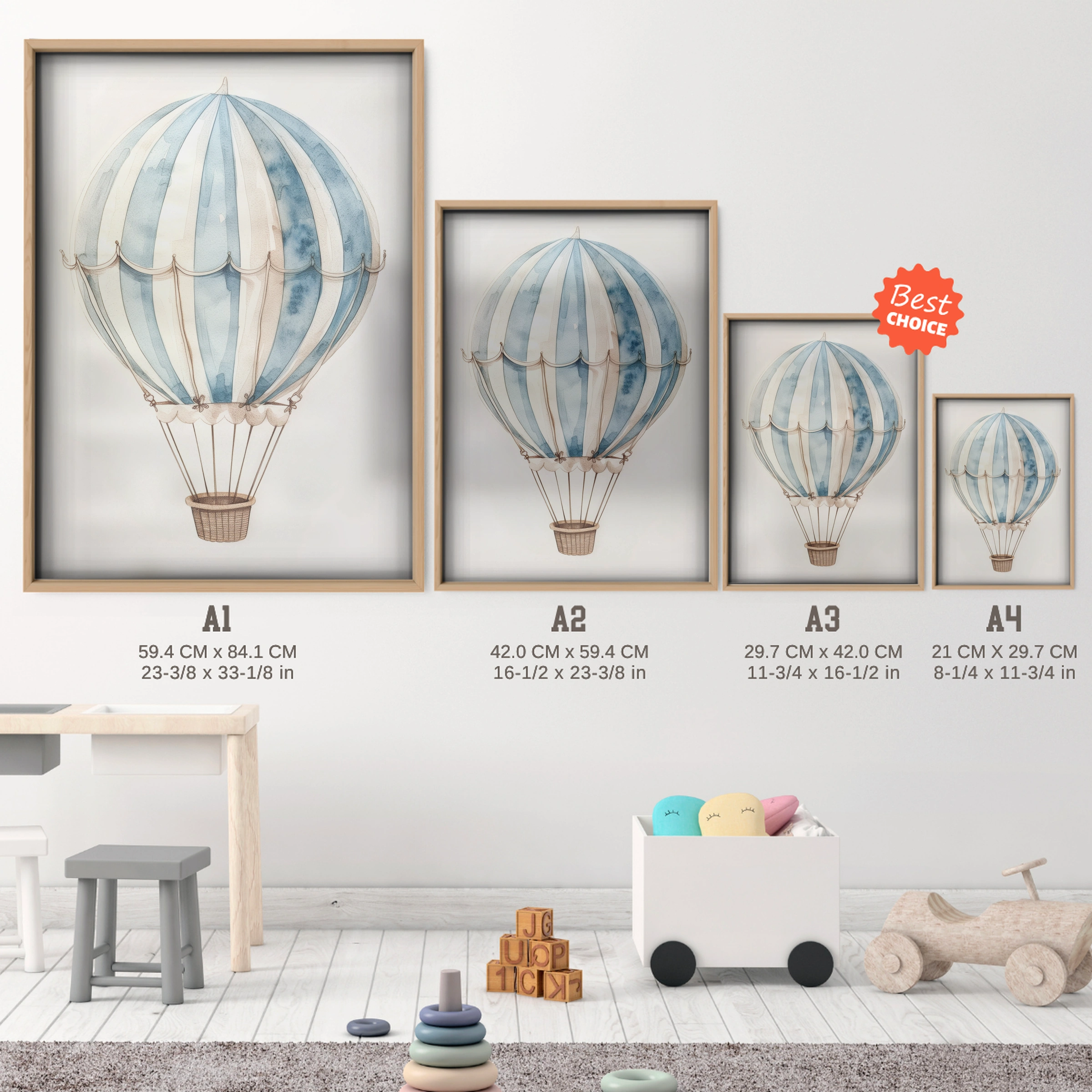 Striped Hot Air Balloon Nursery Print - size guide A4 A3 A2 A1 nursery print