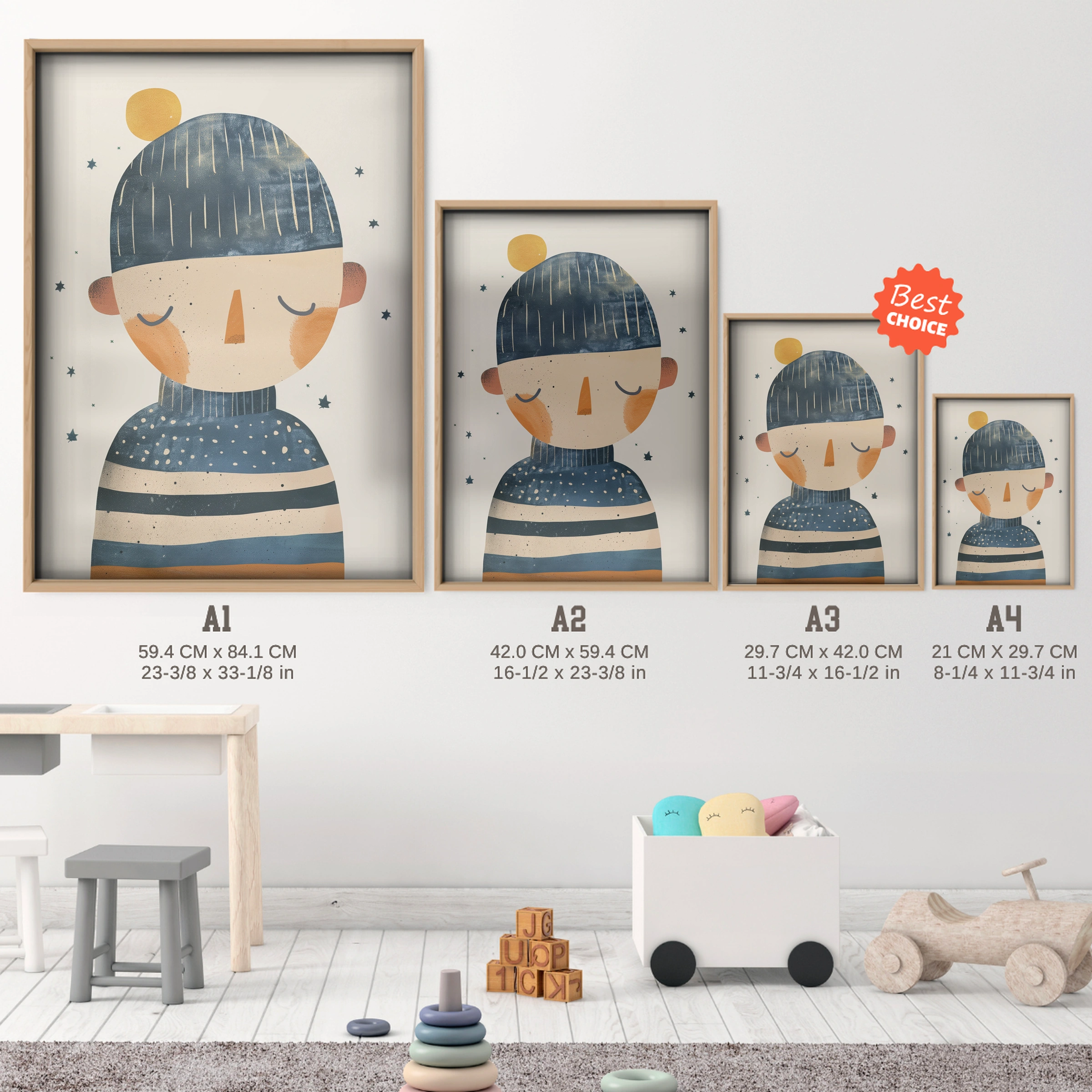Striped Jumper Boy Nursery Print - size guide A4 A3 A2 A1 nursery print