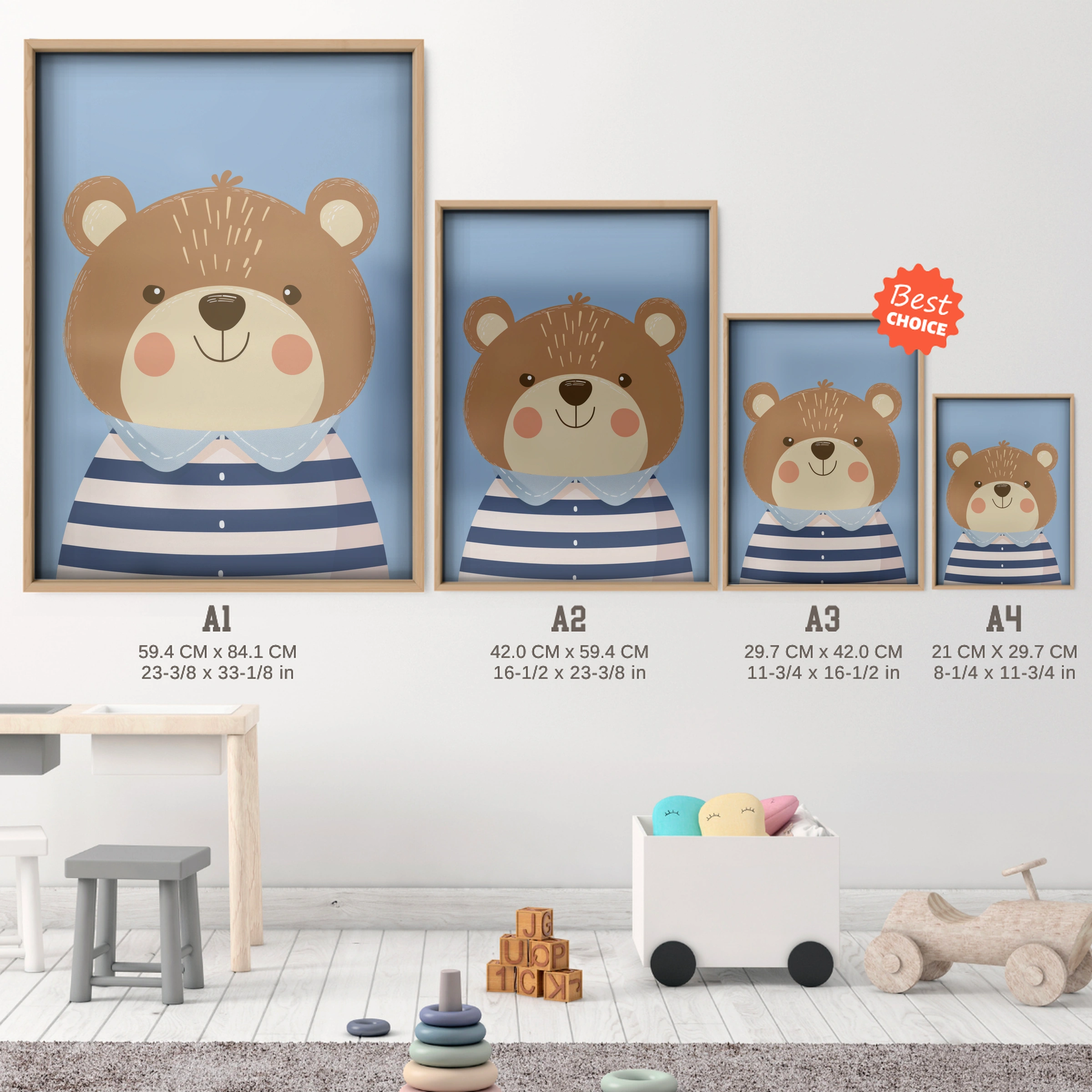 Striped Shirt Bear Nursery Print - size guide A4 A3 A2 A1 nursery print