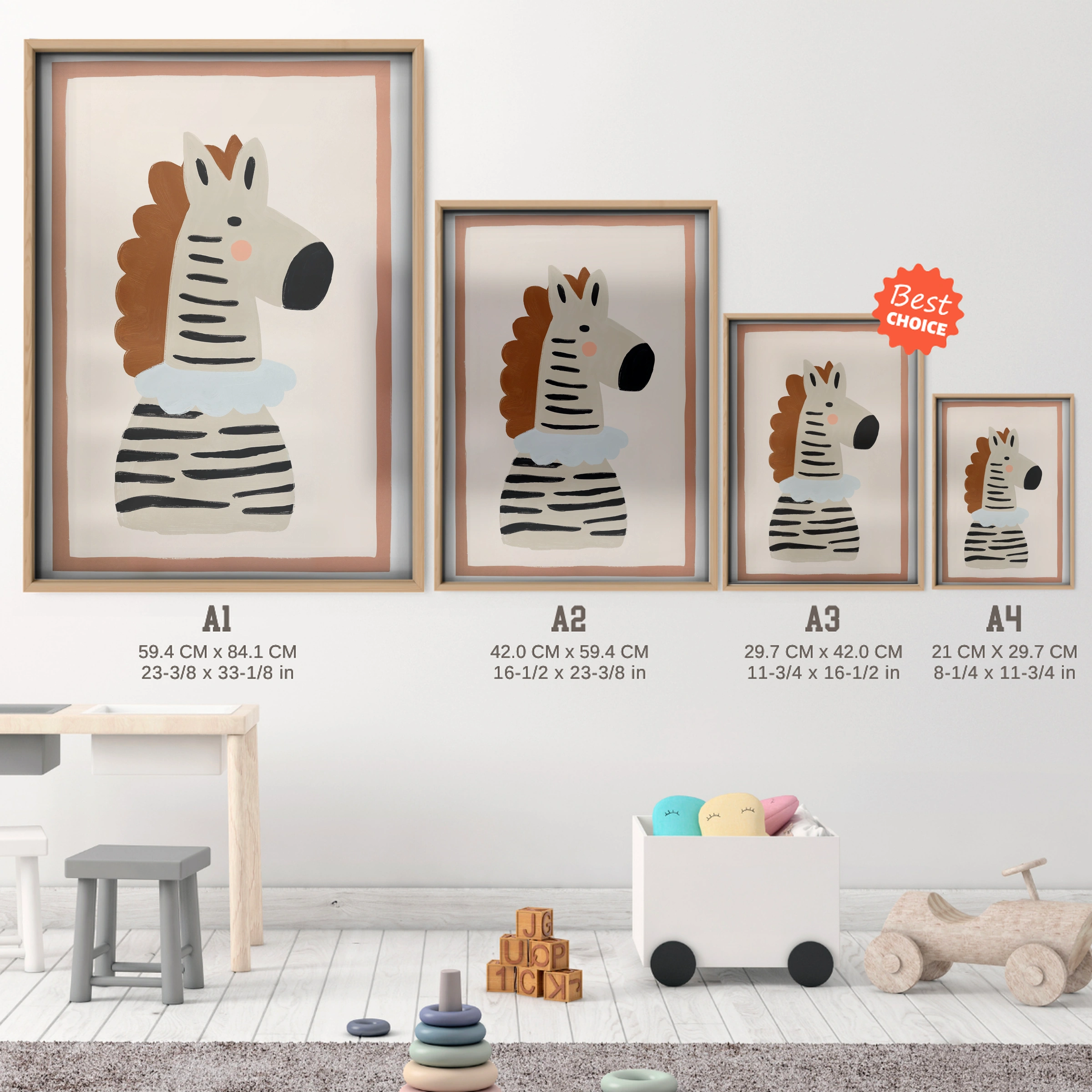 Striped Zebra Nursery Print - size guide A4 A3 A2 A1 nursery print