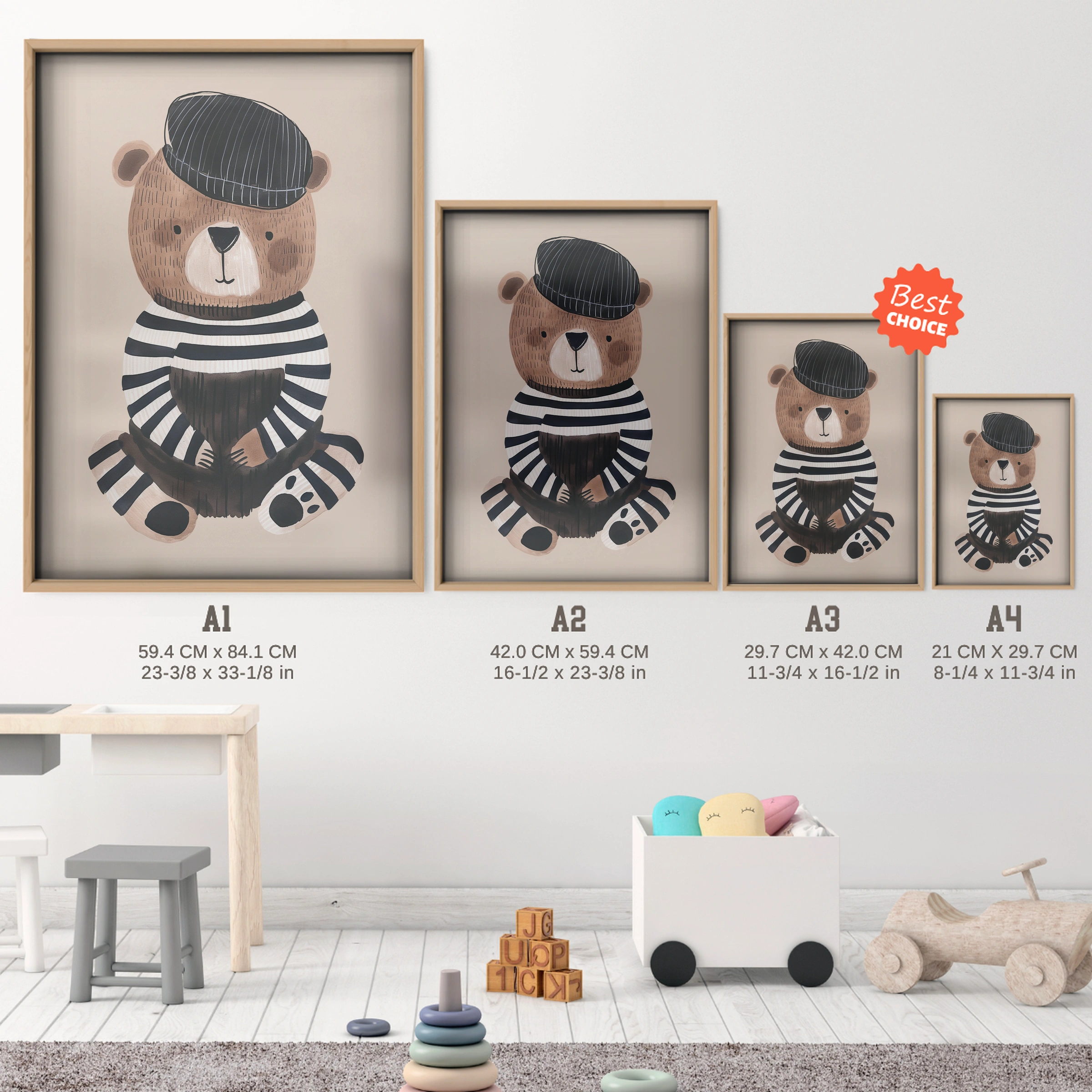 Stripey Bear Nursery Print - size guide A4 A3 A2 A1 nursery print